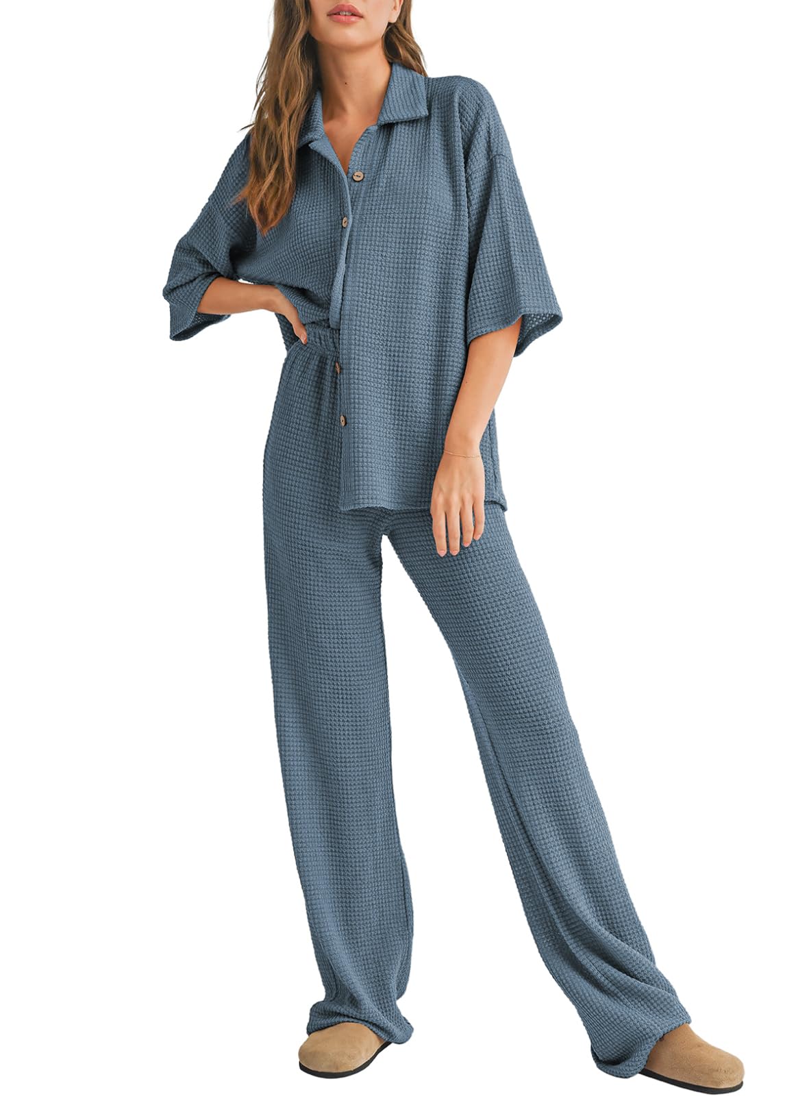 SHEWIN Women's 2 Piece Waffle Knit Lounge Set - Soft Short Sleeve Button Down Sleepwear & Pajama Outfit for Home, Travel & Relaxation | Comfortable Casual Loungewear Set