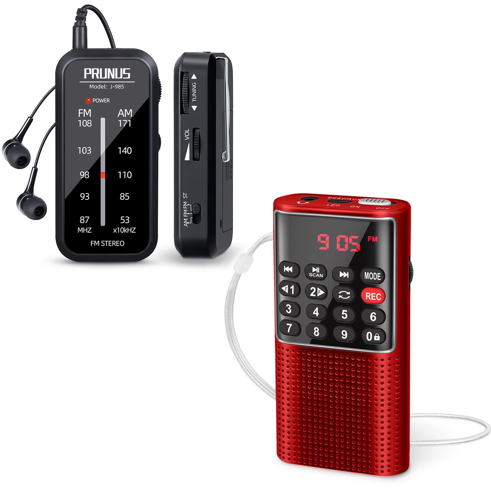 PRUNUS J-985 Mini AM/FM Stereo Portable Radio with Headphones - Battery Operated, Clip & Lock Key, Compact Design for Outdoor, Travel, Emergency Use | J-328 Pocket FM Walkman Radio with Voice Recorder