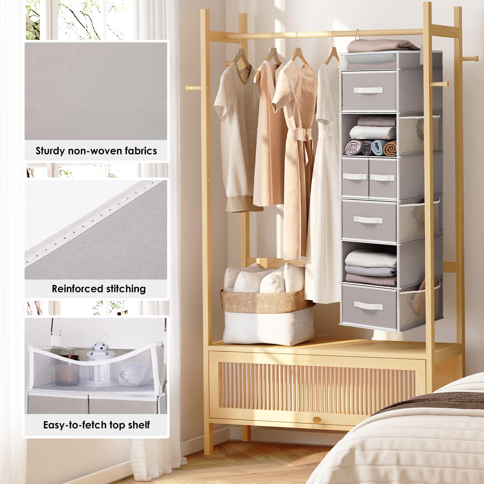 Fixwal 7-Shelf Hanging Closet Organizer with 5 Removable Drawers & 6 Side Pockets - Space Saving Storage for Bedroom, Closet, or Garment Rack - Light Gray - Perfect for Organizing Clothes, Shoes, Toys & Accessories