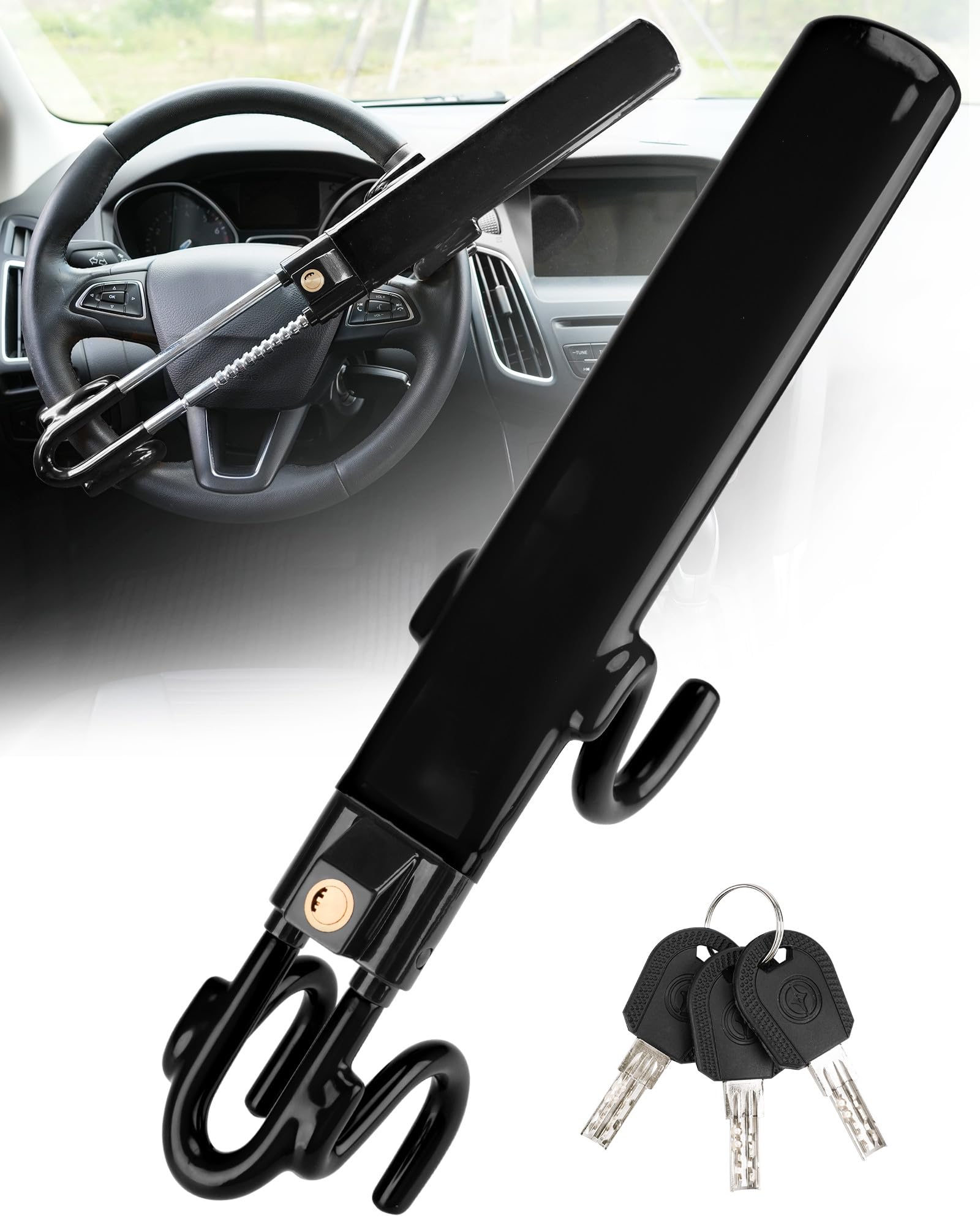 Tevlaphee Heavy Duty Steering Wheel Lock Anti-Theft Device - Adjustable Car Security Lock with 3 Keys for Vehicle & Truck Protection (Black) | Perfect for Parking Security & Theft Prevention