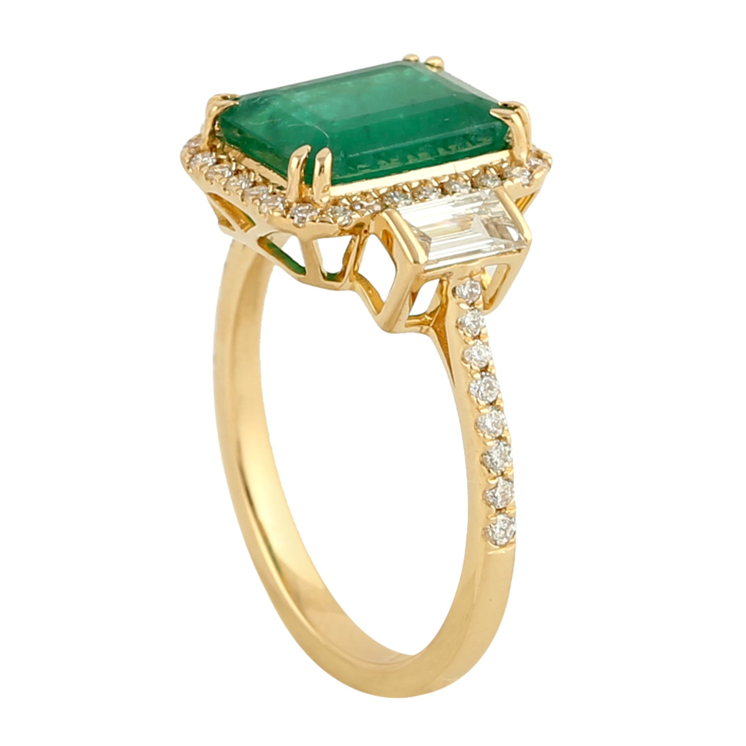 Emerald Prong Set Baguette Diamond Three Stone Accent Ring in 14K Yellow Gold | Elegant Wedding Band, Anniversary Gift for Her | Perfect for Engagement, Proposal & Special Occasions