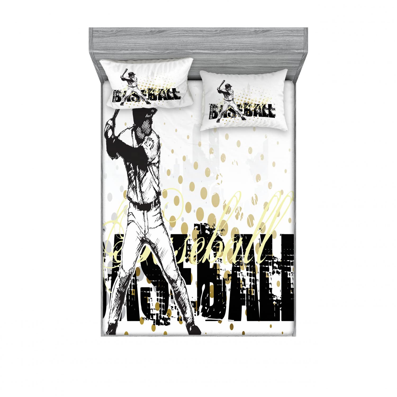 Ambesonne 2-Piece Queen Fitted Sheet Set with 4 Pillow Shams - Baseball Batting Grunge Design Black Yellow White Bedding - Perfect for Sports Fans Bedroom Decor & Game Room Theme