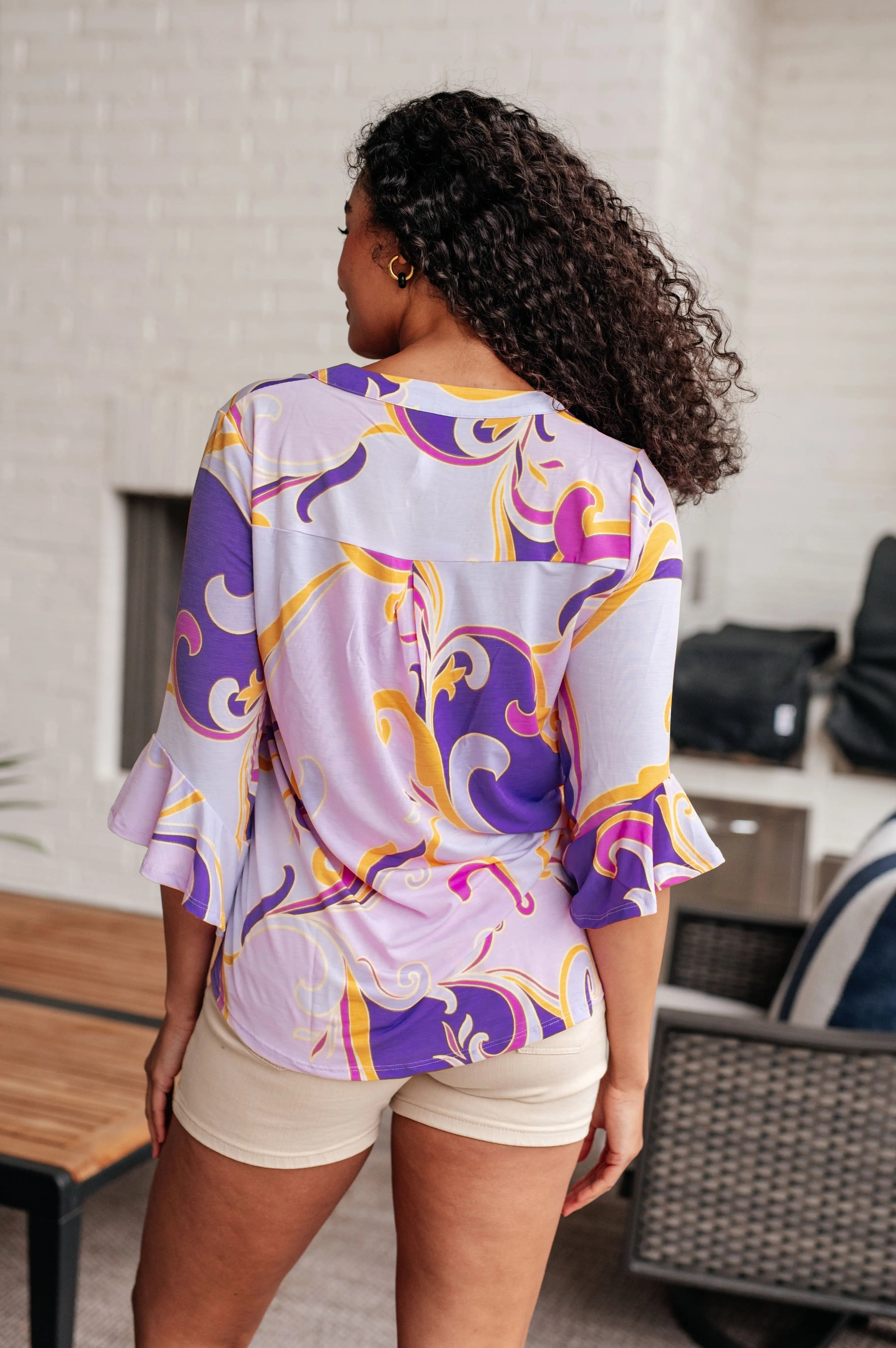 Lizzy Bell Sleeve Blouse - Elegant Regal Lavender & Gold Women's Top for Work, Party & Special Occasions