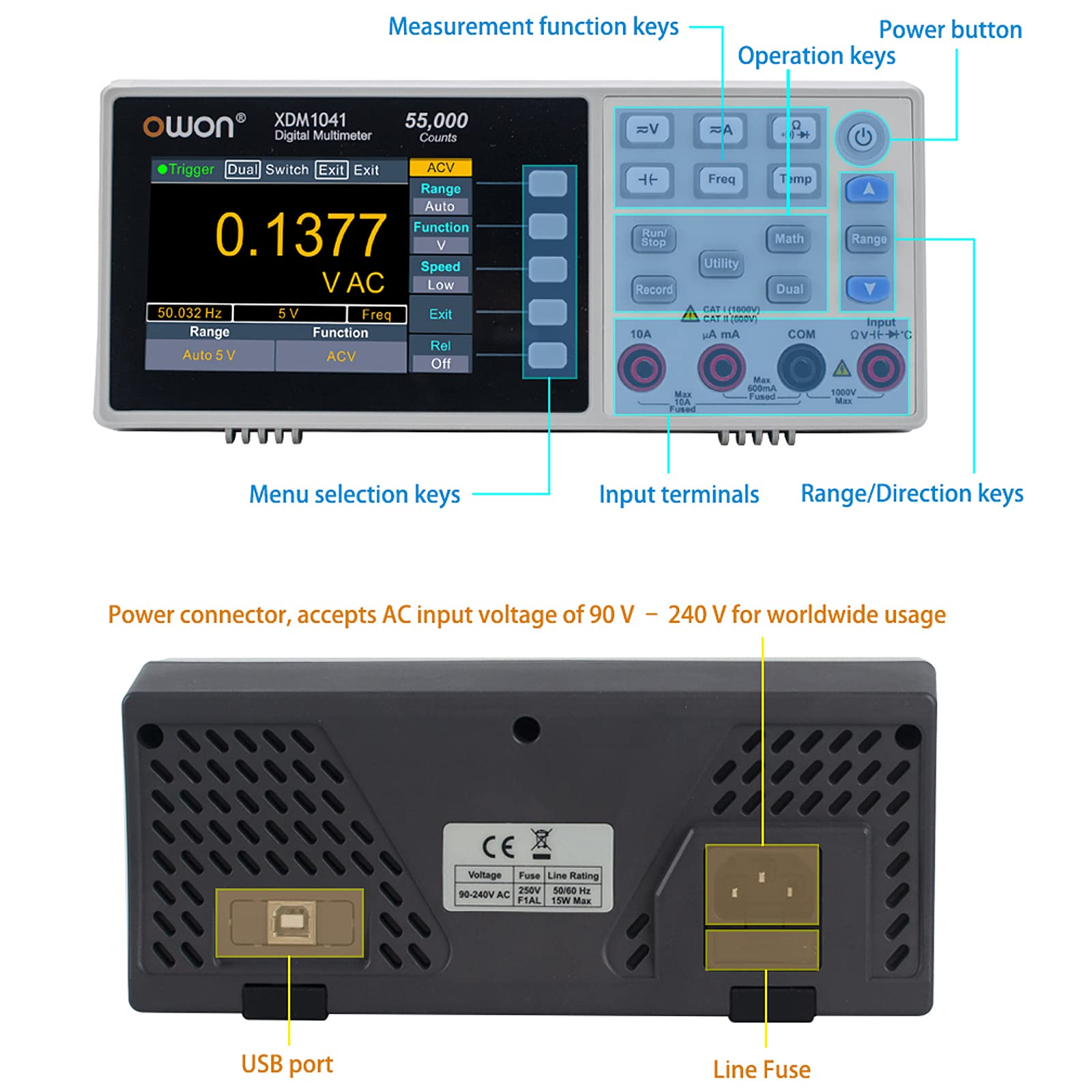 OWON XDM1041 Mini Desktop Digital Multimeter - 3.7in LCD True RMS Multimeter with Temperature Measurement | Perfect for Home DIY, Electronics Repair & Industrial Use