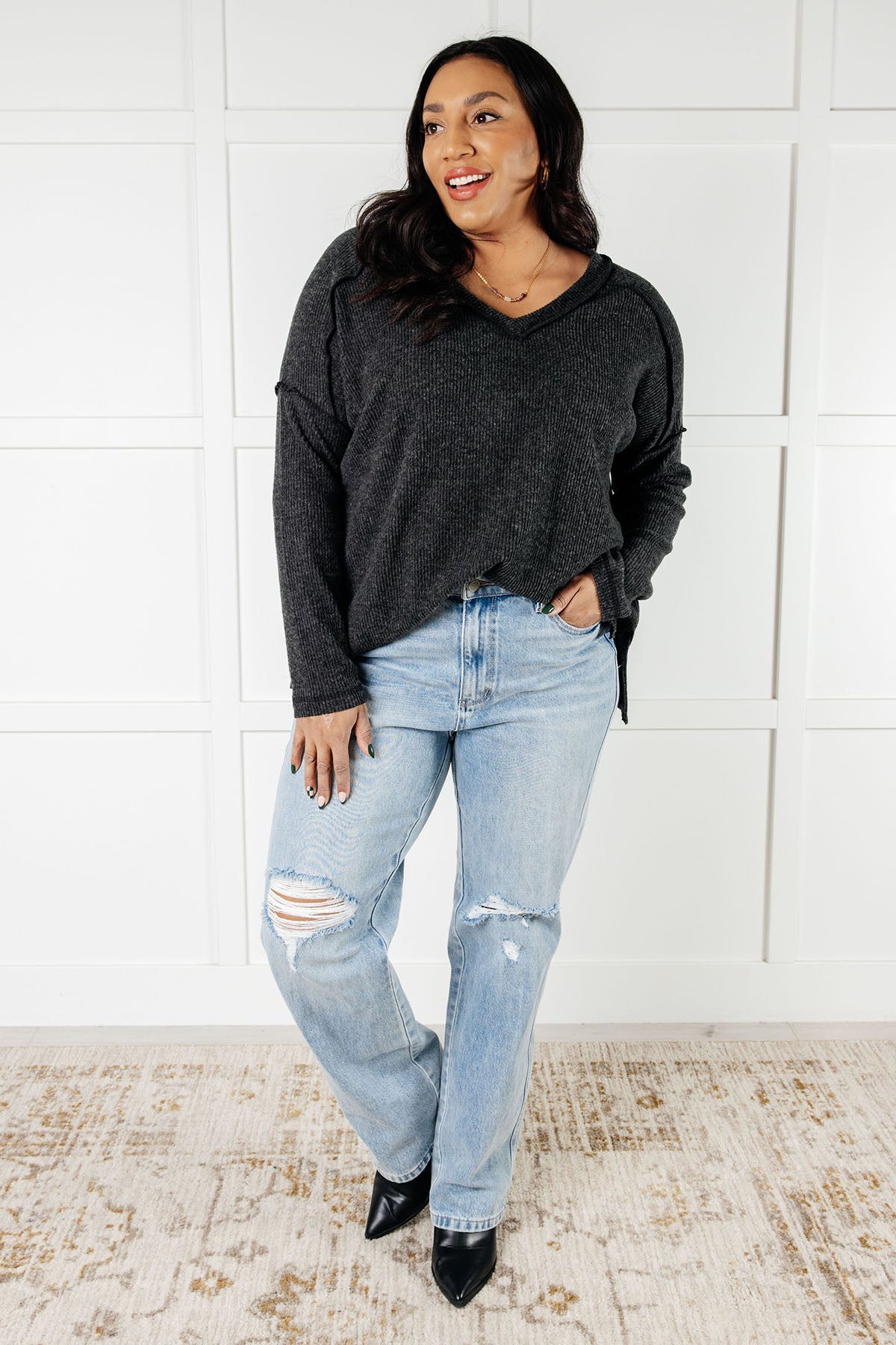 Soft Brushed Hacci Knit Top in Black - Cozy Winter Layering for Women | Perfect for Casual Outfits & Cold Weather