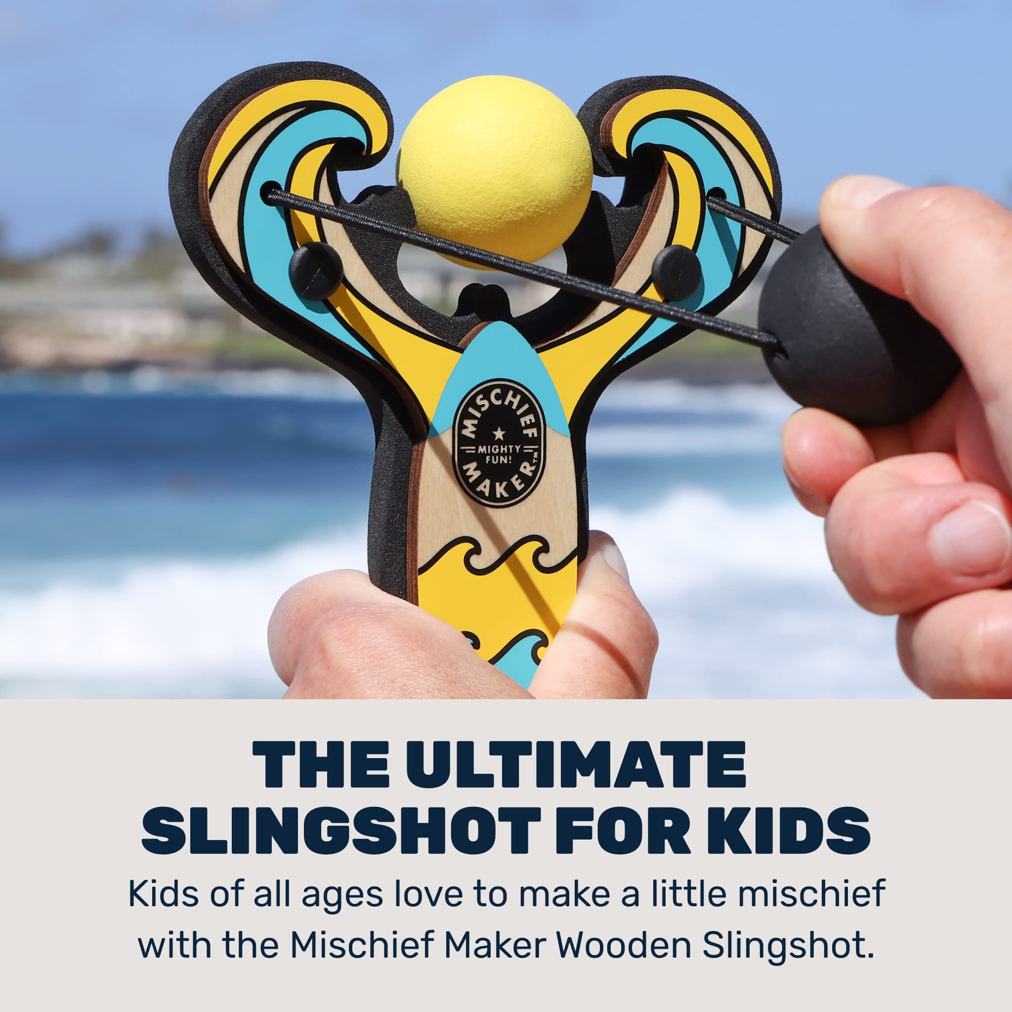 Mischief Maker® Wooden Slingshot - Surf’s Up Series - Real Wood Kids Slingshot with 4 Soft Foam Balls & Storage Bag - Outdoor Toys for Boys Girls Ages 4+ - Perfect for Backyard Games, Beach Fun and Camping Activities