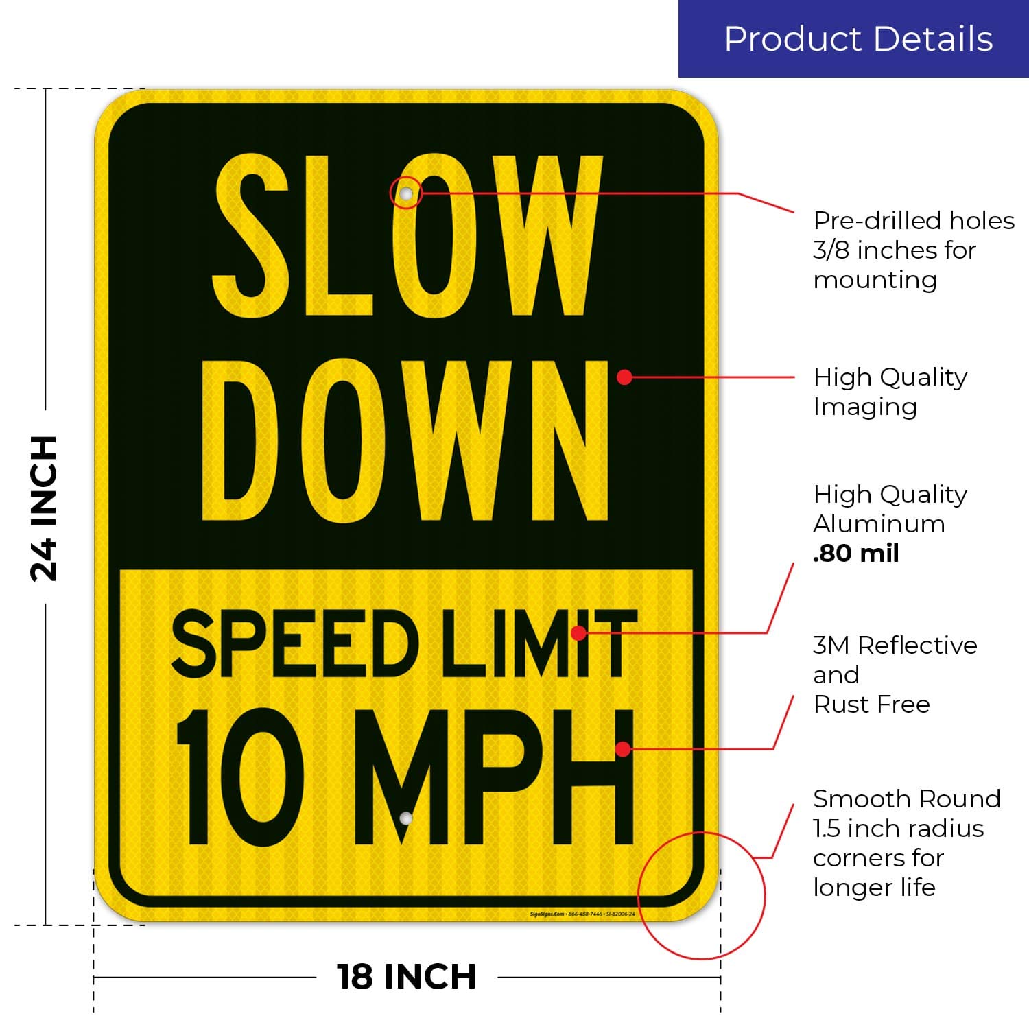Slow Down Sign - 10 MPH Speed Limit Sign | 18x24 Inches | 3M EGP Reflective .080 Aluminum | Fade Resistant & Weatherproof | Easy Mounting for Indoor/Outdoor Use | Made in USA | Perfect for School Zones, Parking Lots & Residential Areas