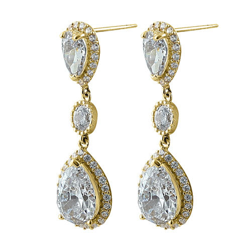 14K Solid Yellow Gold Vintage CZ Dangle Earrings - Elegant Drop Earrings for Women, Perfect for Parties, Weddings & Special Occasions