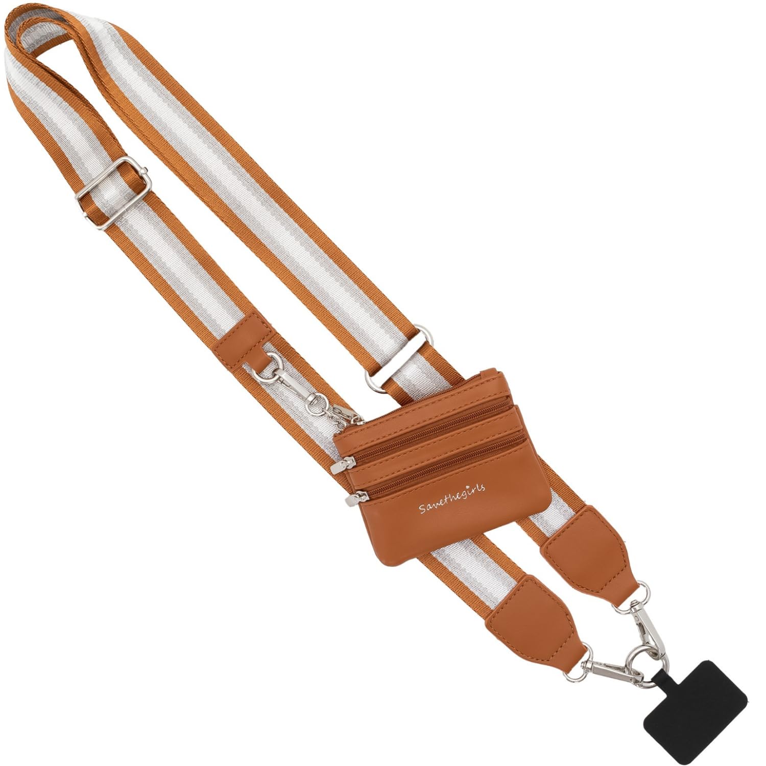 Original Clip and Go Phone Strap with Zipper Wallet Pouch - Crossbody Phone Lanyard in Stripe Copper/Silver/White - Perfect for Travel, Shopping, and Everyday Convenience