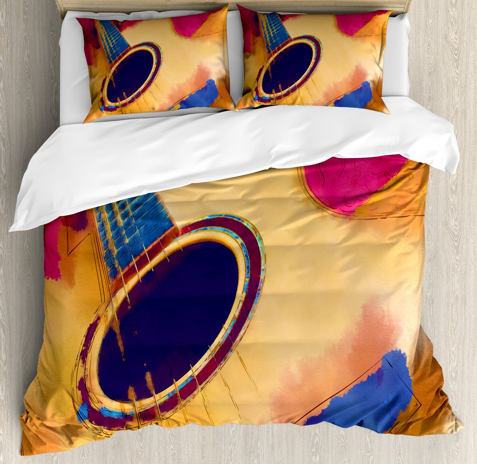 Ambesonne Guitar Duvet Cover Set - Abstract Strings Watercolor Design Vintage Style 3-Piece Bedding with 2 Pillow Shams, King Size in Violet Blue Magenta | Perfect for Musicians' Bedrooms, Rock & Roll Themed Decor, Gift for Guitar Lovers