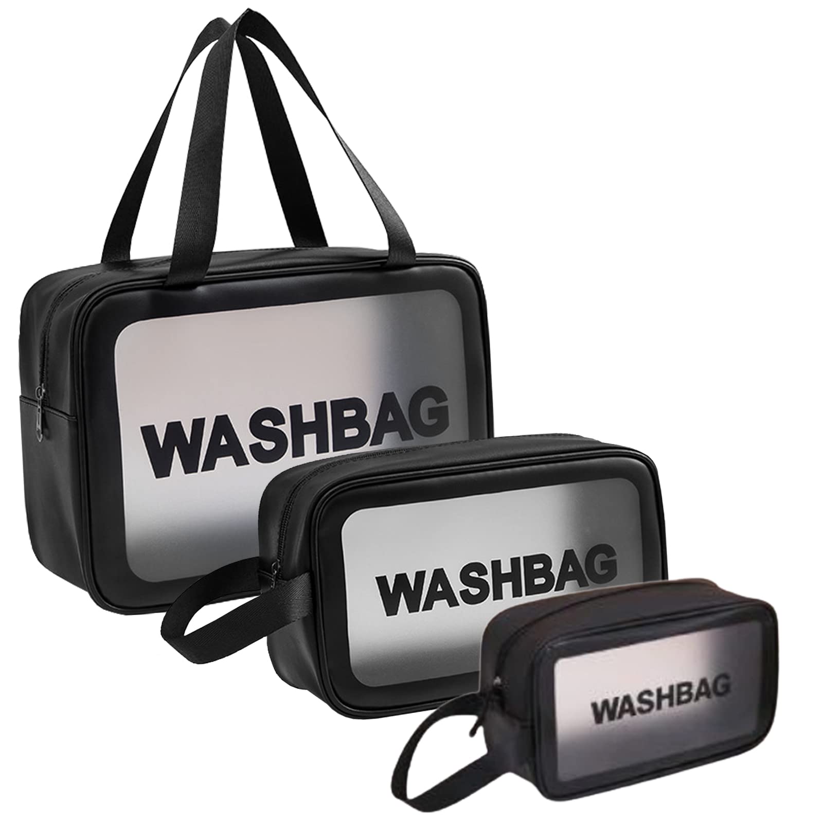 SUPOTS 3-Piece Clear PVC Waterproof Travel Toiletry Bag Set with Zipper - Portable Cosmetic Organizer for Men & Women (Black) | Ideal for Air Travel, Gym, Camping & Daily Use