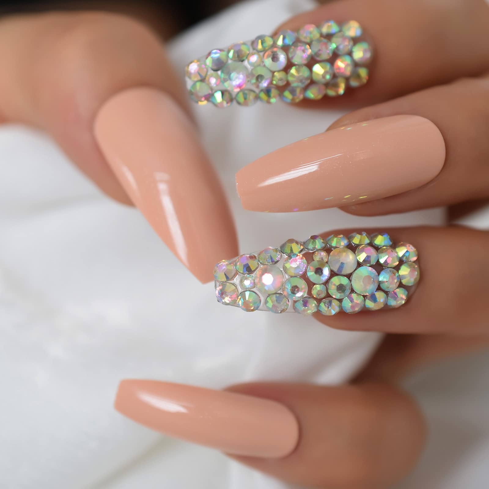 24Pcs Long Coffin Fake Nails - Peach Pink Press On Nails with Rhinestones & Colorful Stones, Full Cover Artificial Nails for Salon Manicure | Perfect for Parties, Weddings, and Special Occasions