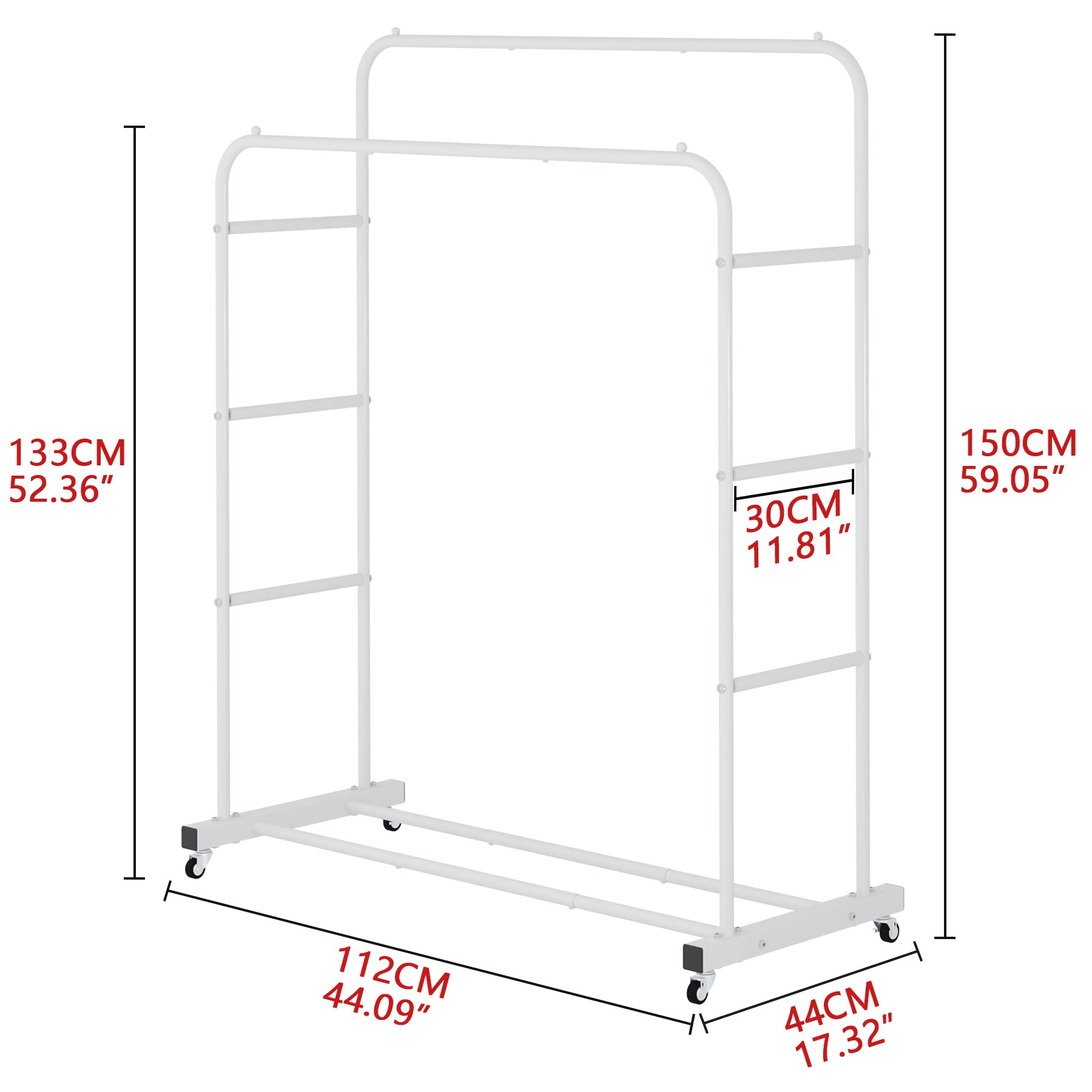 Laiensia Double Rod Rolling Garment Rack with Wheels - Heavy Duty Clothes Hanging Organizer for Bedroom, Closet & Laundry Room - Multi-Functional Freestanding Clothing Rack in White - Perfect for Drying Clothes, Organizing Wardrobe & Temporary Storage