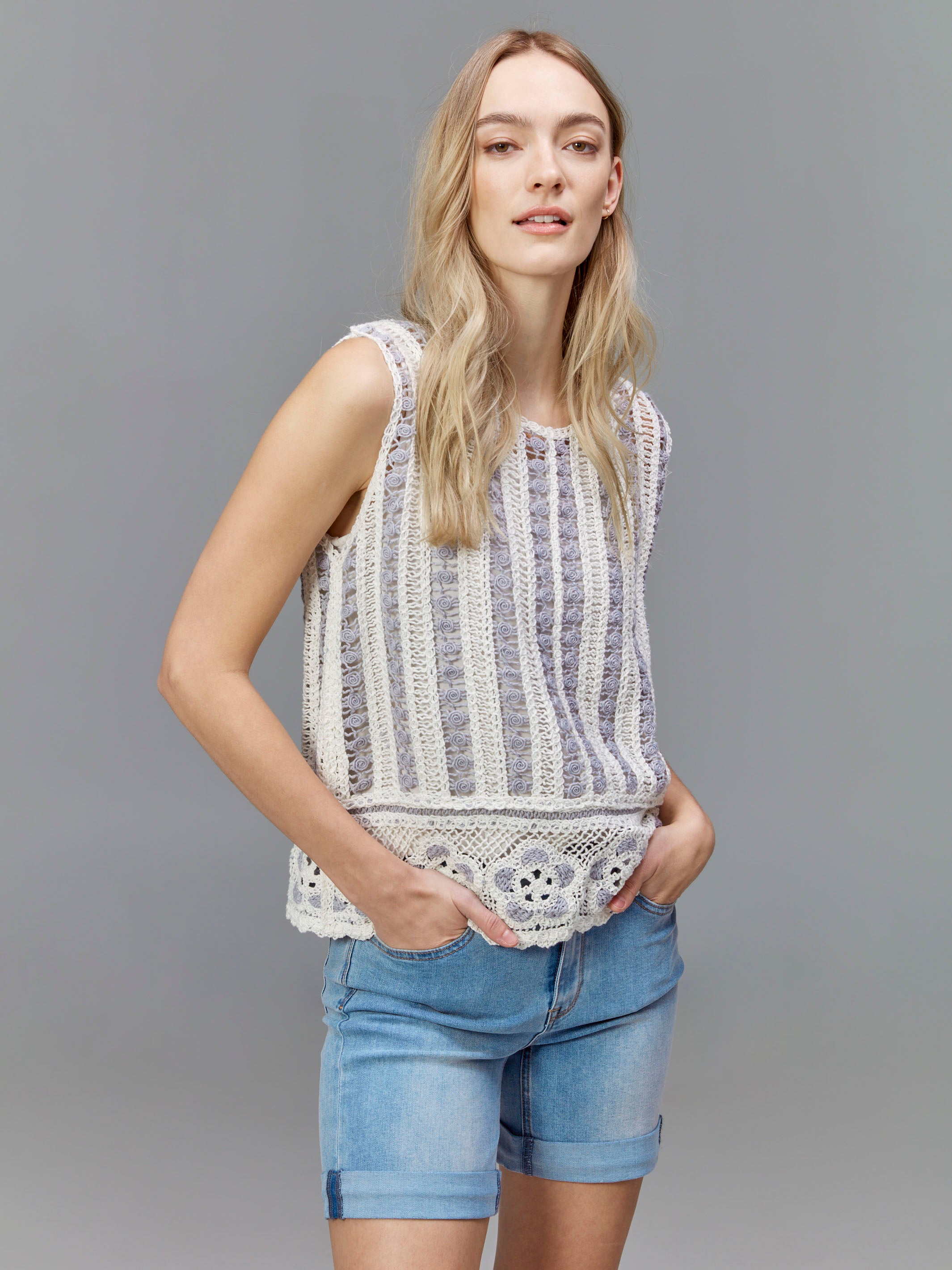Bluebell Sleeveless Floral Border Crochet Top for Women - Summer Beachwear, Boho Chic Outfit, Casual Vacation Style