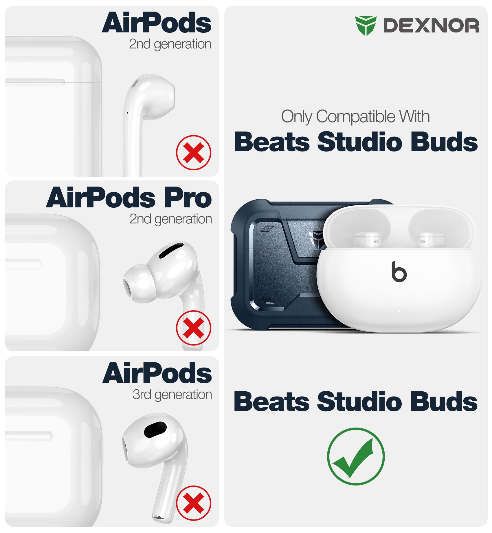 Dexnor Shockproof Rugged Earphone Case for Beats Studio Buds 2021 & Buds+ 2023 - Secure Lock & Carabiner Clip Full Body Protection - Perfect for Travel, Sports, and Outdoor Activities