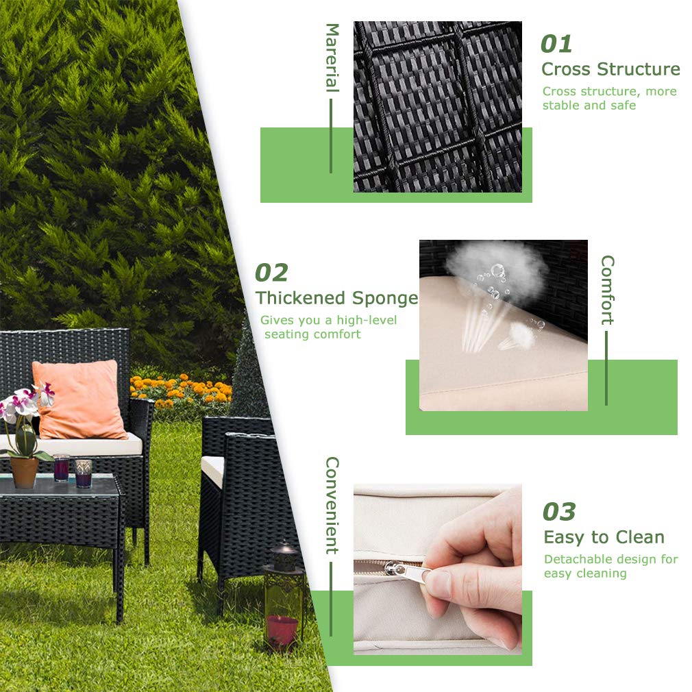 Outdoor 4-Piece Rattan Wicker Patio Furniture Set - Black Conversation Sofa & Coffee Table for Backyard, Garden, Poolside, Balcony or Porch | Weather-Resistant & Comfortable Seating