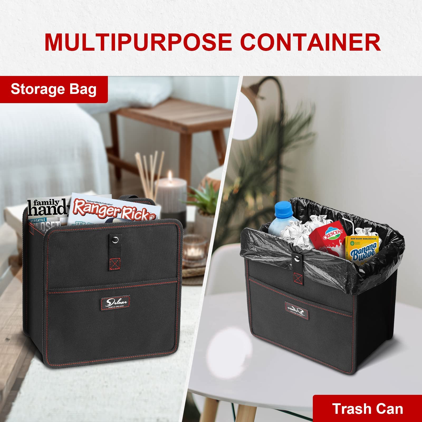 Simple Deluxe 3 Gallon Car Trash Can with Storage Pockets - Leak-Proof, Collapsible & Waterproof Garbage Bag with Adjustable Straps - Portable Vehicle Trash Bin for Road Trips, Camping & Office Use - Black