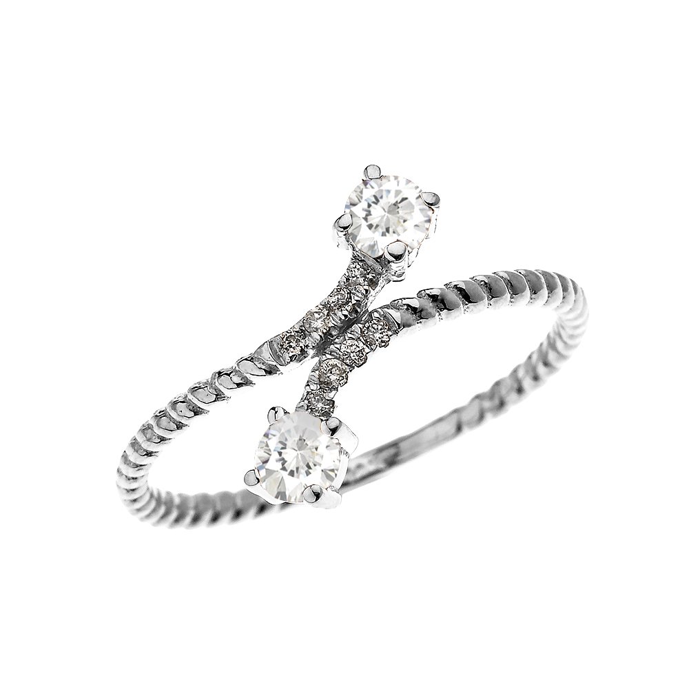 10K White Gold Dainty Diamond & White Topaz Rope Design Ring - Elegant Stackable Jewelry for Women, Perfect for Anniversary Gifts, Engagement Rings, and Everyday Wear