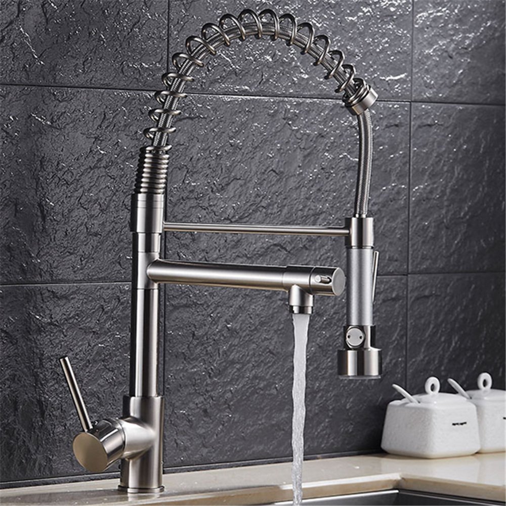 Brushed Nickel Single Handle Kitchen Sink Faucet with Pull Down Sprayer - High Arc Modern Design for Easy Cleaning (Model MF-KF005) | Perfect for Home Kitchen, Restaurant, and RV Use