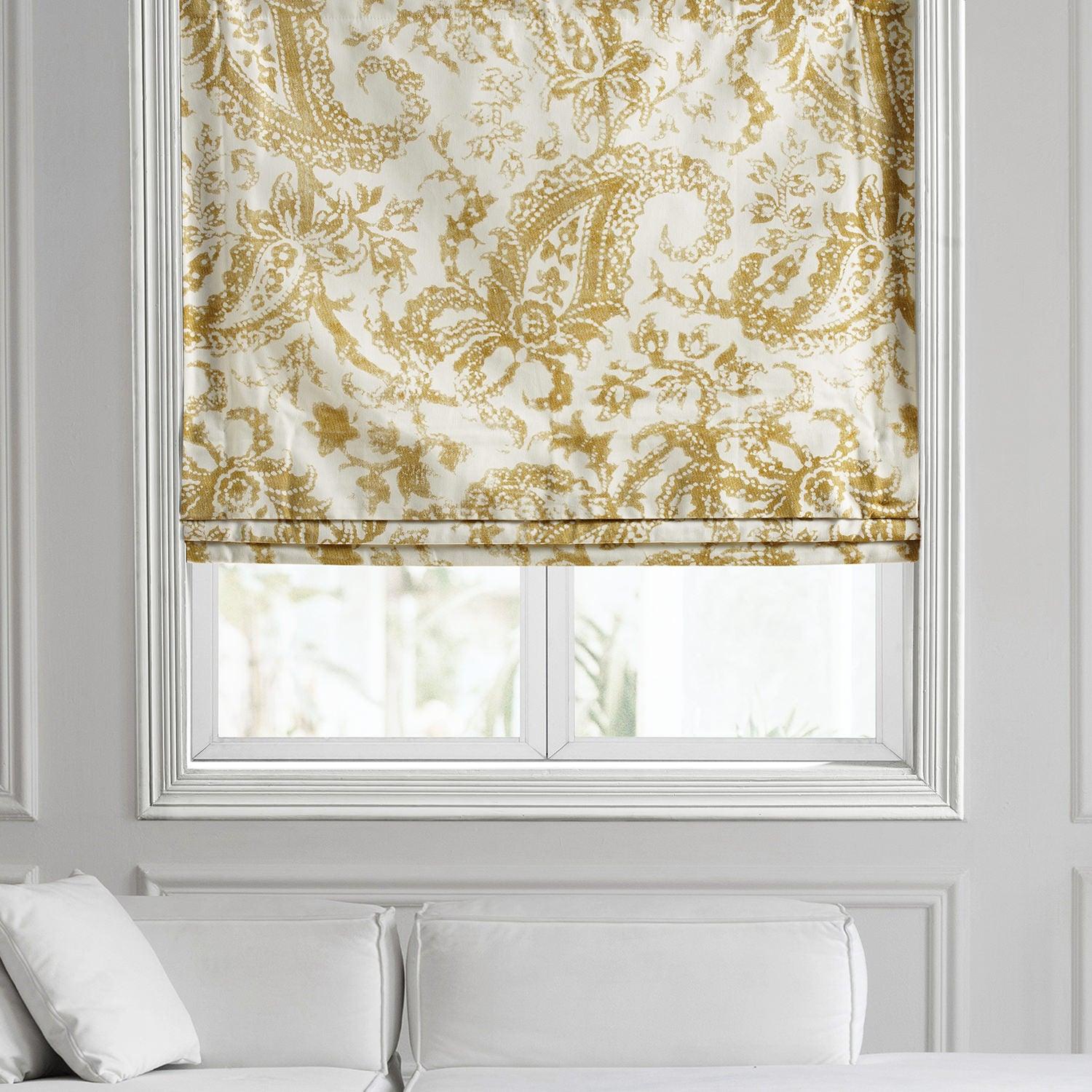 Edina Washed Mustard Paisley Printed Cotton Roman Shade - Stylish Window Treatment for Living Room, Bedroom & Kitchen Decor