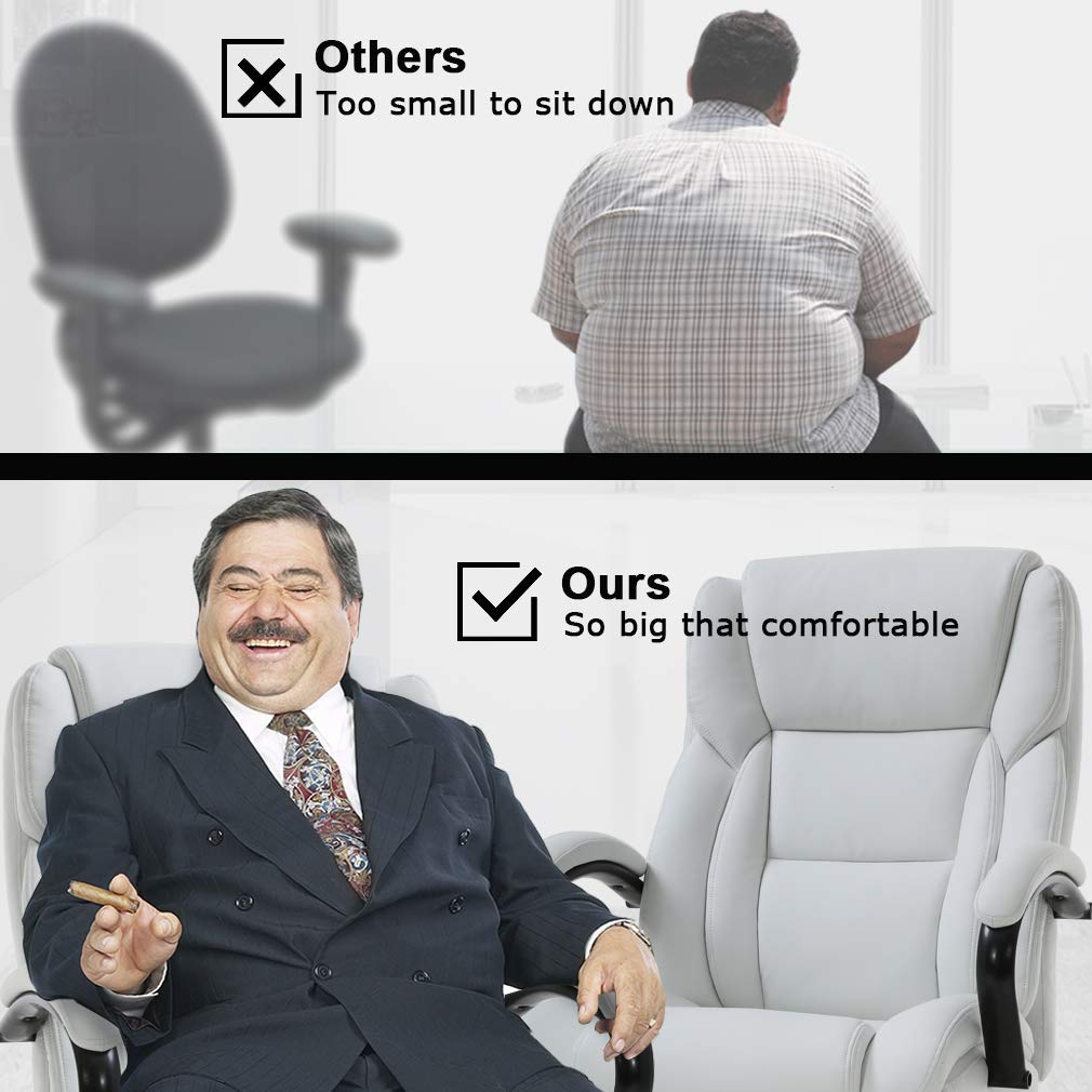 500lbs Heavy Duty Ergonomic Office Chair - Wide Seat PU Leather Executive Desk Chair with Adjustable Lumbar Support & Armrests - High Back Computer Task Chair for Big & Tall People - Perfect for Home Office, Gaming & Workspaces (White)