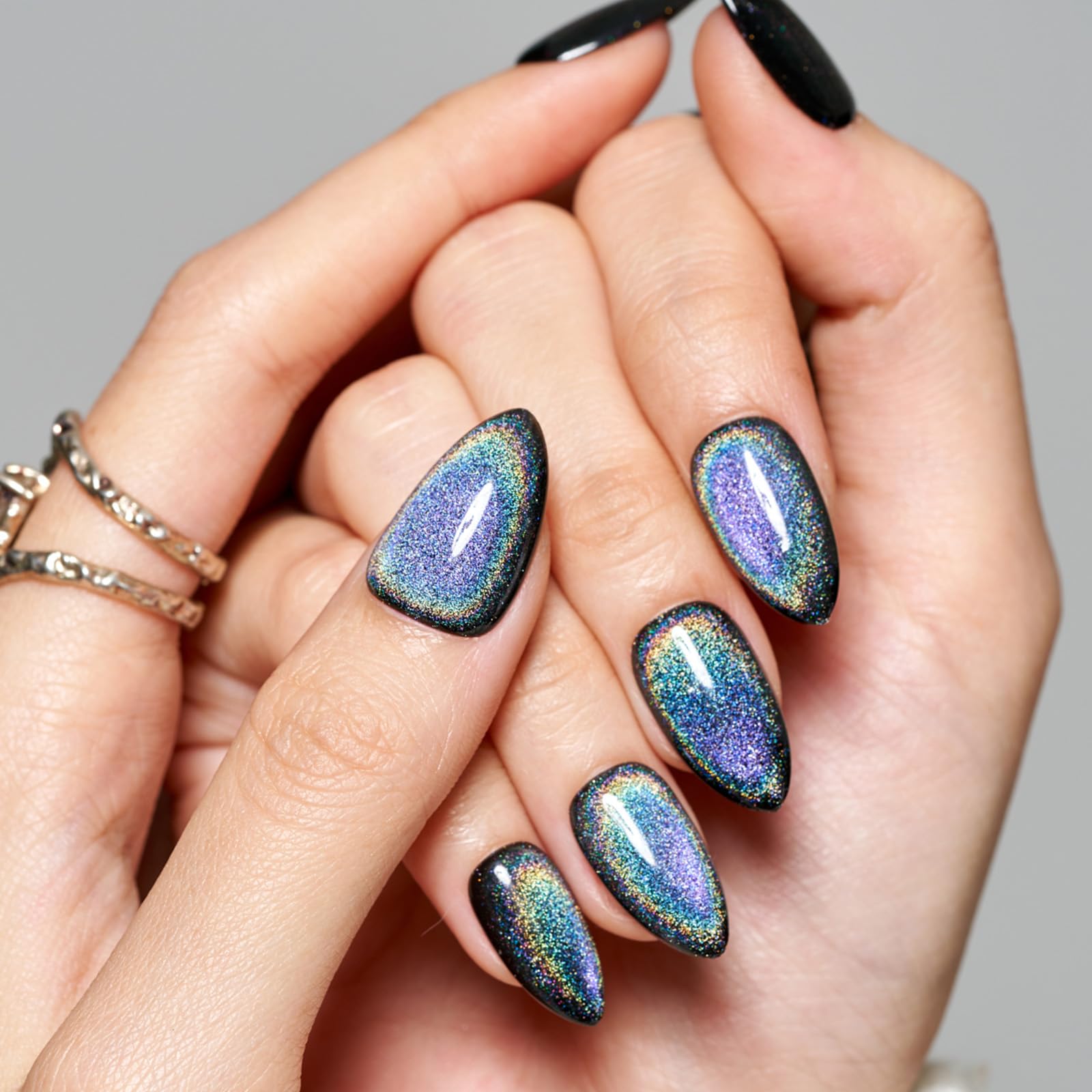 GLAMERMAID Short Almond Press on Nails - 24Pcs Rainbow Black Spring Summer Gel Fake Nails with UV Glossy Finish, Reusable Acrylic Manicure Kit for Women | Perfect for Parties, Weddings & Everyday Glam