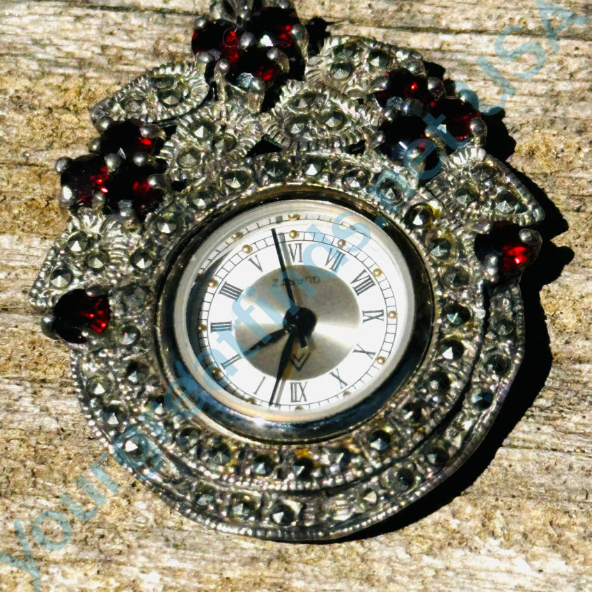 Sterling Silver Garnet & Marcasite Quartz Watch Pendant Necklace - Elegant Jewelry for Women, Gift for Her, Perfect for Parties, Weddings & Special Occasions