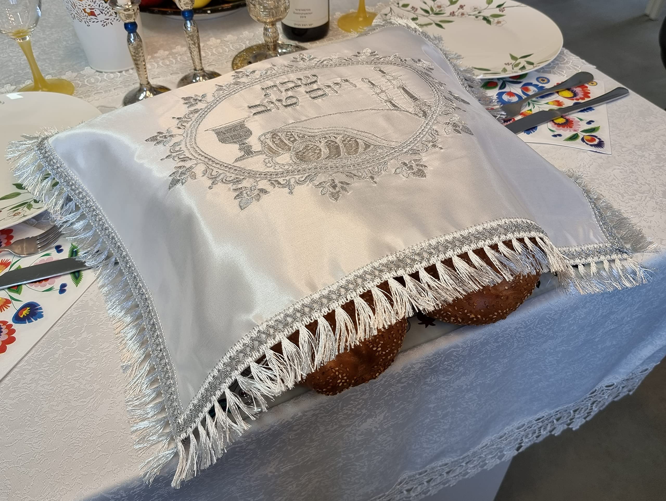TALISMAN4U Challah Bread Cover - Embroidered Shabbat Tablecloth with Silver Fringes, 20