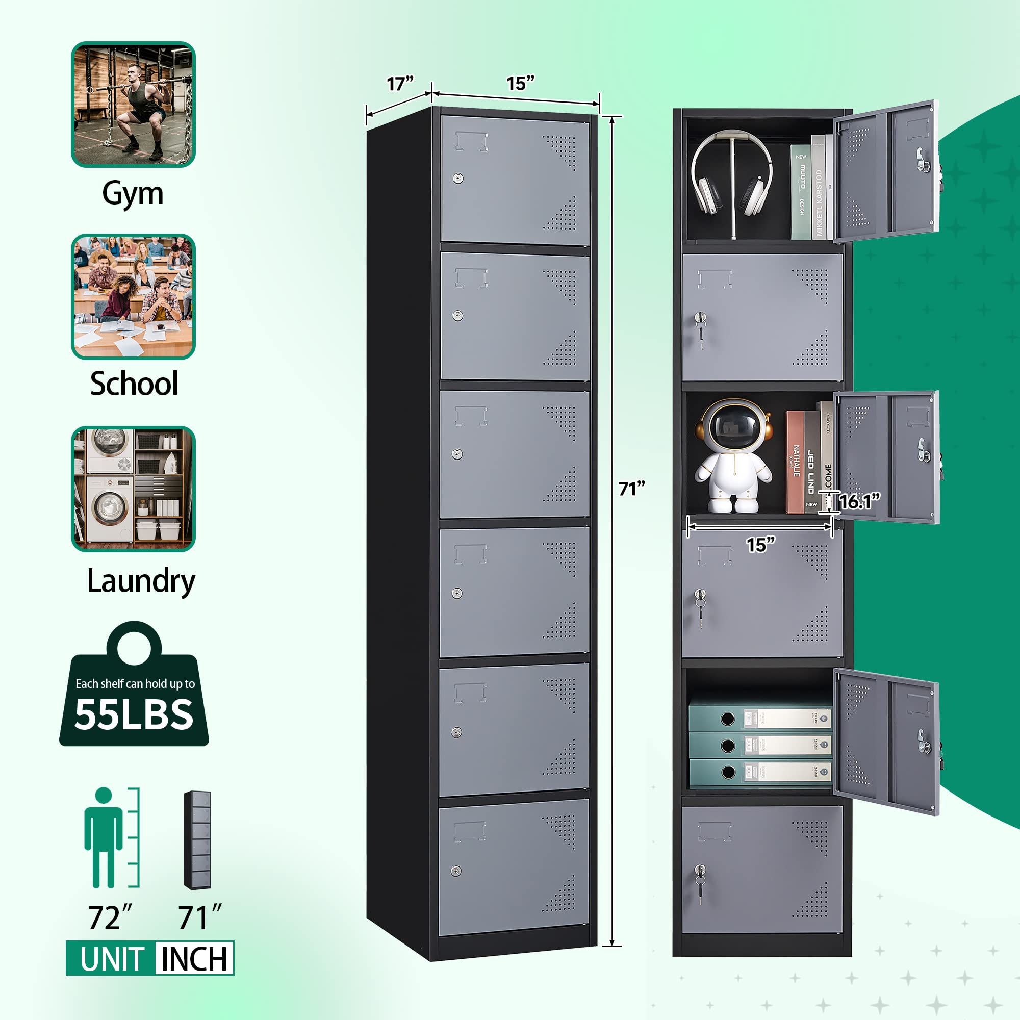 Letaya 6-Door Metal Storage Locker - Steel Organizer Cabinet with Lock for Employees, School, Gym, Home & Office - Secure Storage Solution for Staff Belongings, Kids Room Organization & Workplace Essentials (Black Gray)