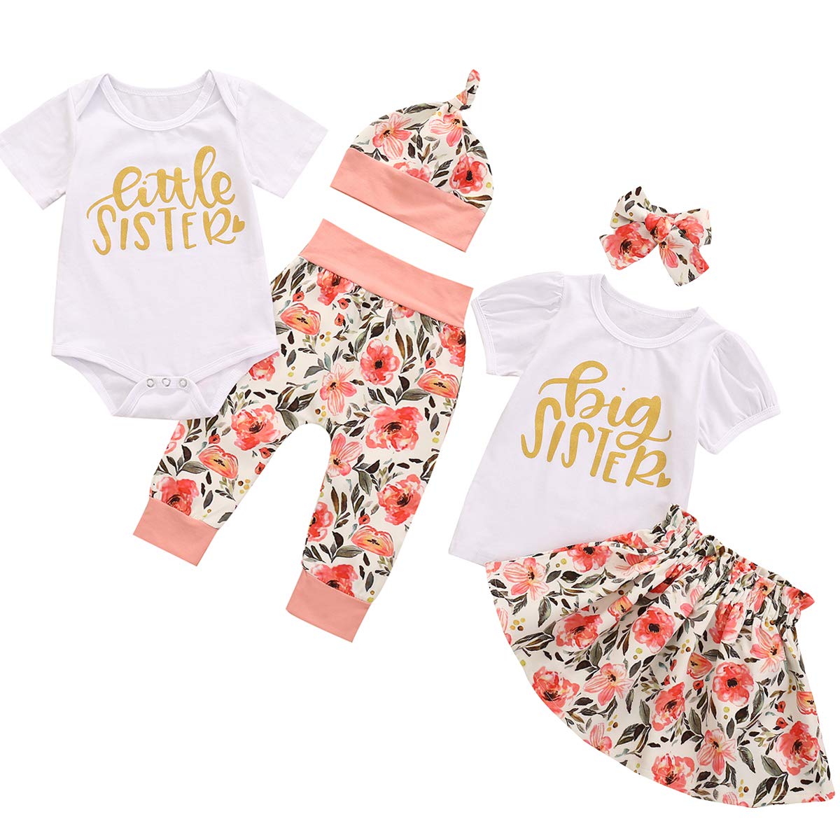 Tabpole Big Sister Little Sister Matching Outfits - Short Sleeve Shirt & Floral Skirt Set with Headband for Baby Girls | Perfect for Family Photos, Sibling Bonding & Special Occasions