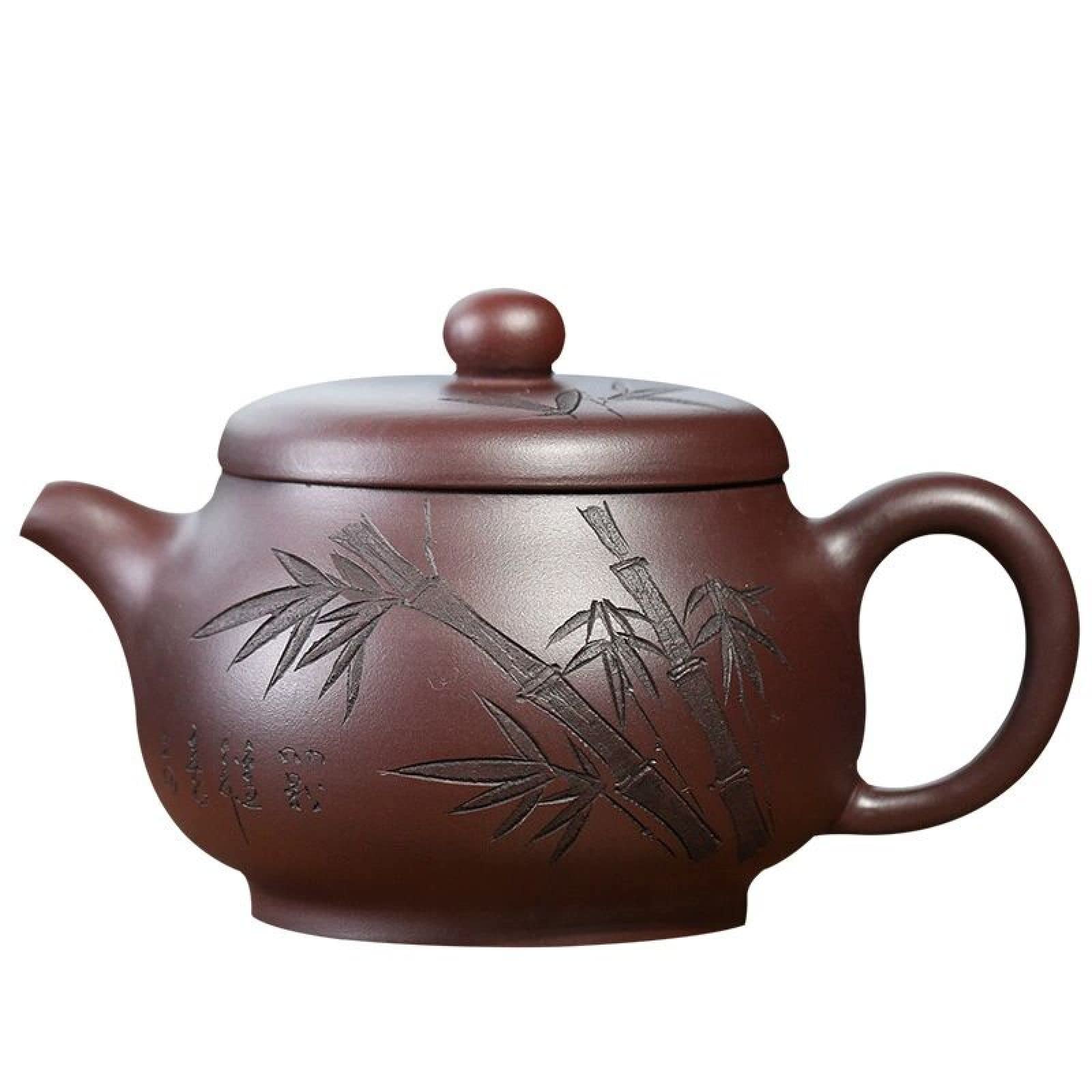 Hand-Carved Bamboo Leaf Purple Clay Teapot - Authentic Chinese Yixing Zisha Teapot for Gongfu Tea Ceremony | Perfect Gift for Tea Lovers & Home Decor