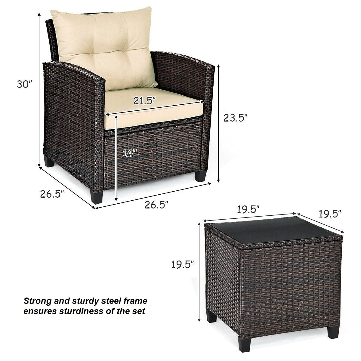 Beige 3-Piece Outdoor Patio Furniture Set with 2 Rattan Chairs & 1 Tempered Glass Coffee Table - Soft Cushions Included - Perfect for Backyard, Deck, Balcony, Poolside & Outdoor Living Spaces