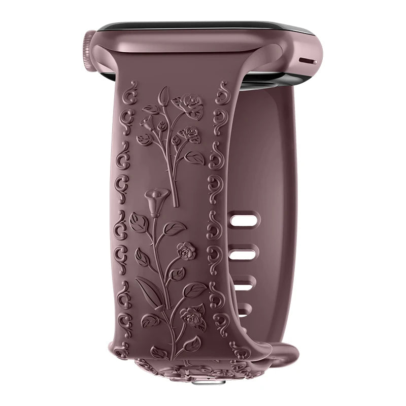 Botanical Bliss Engraved Silicone Band for Apple Watch - Purple Floral Design | Comfortable & Durable Strap for Women's Apple Watch Series 9/8/7/SE | Perfect for Workouts, Yoga & Everyday Fashion