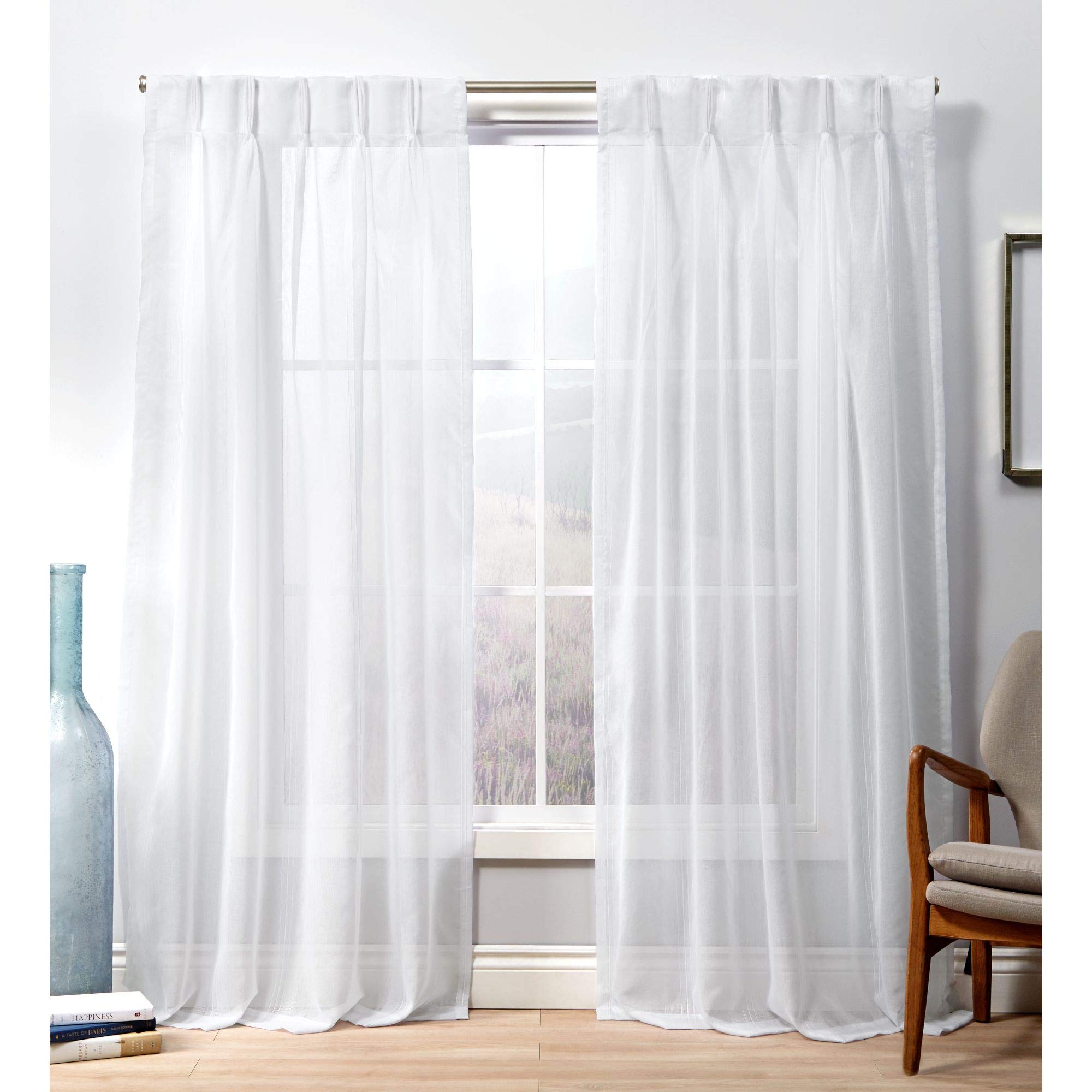 Exclusive Penny Sheer Embellished Stripe Grommet Top Curtain Panel Pair - 96 Inch Length Winter White - Elegant Window Treatments for Living Room, Bedroom & Home Decor