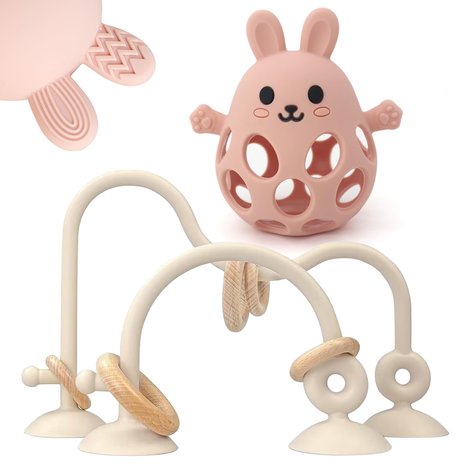 **Baby High Chair Suction Toys - Silicone Teething Chew Toys for Infants 6-12-18 Months, BPA-Free Food Grade Safe, Beige & Pink - Perfect for Dining, Travel & Playtime**