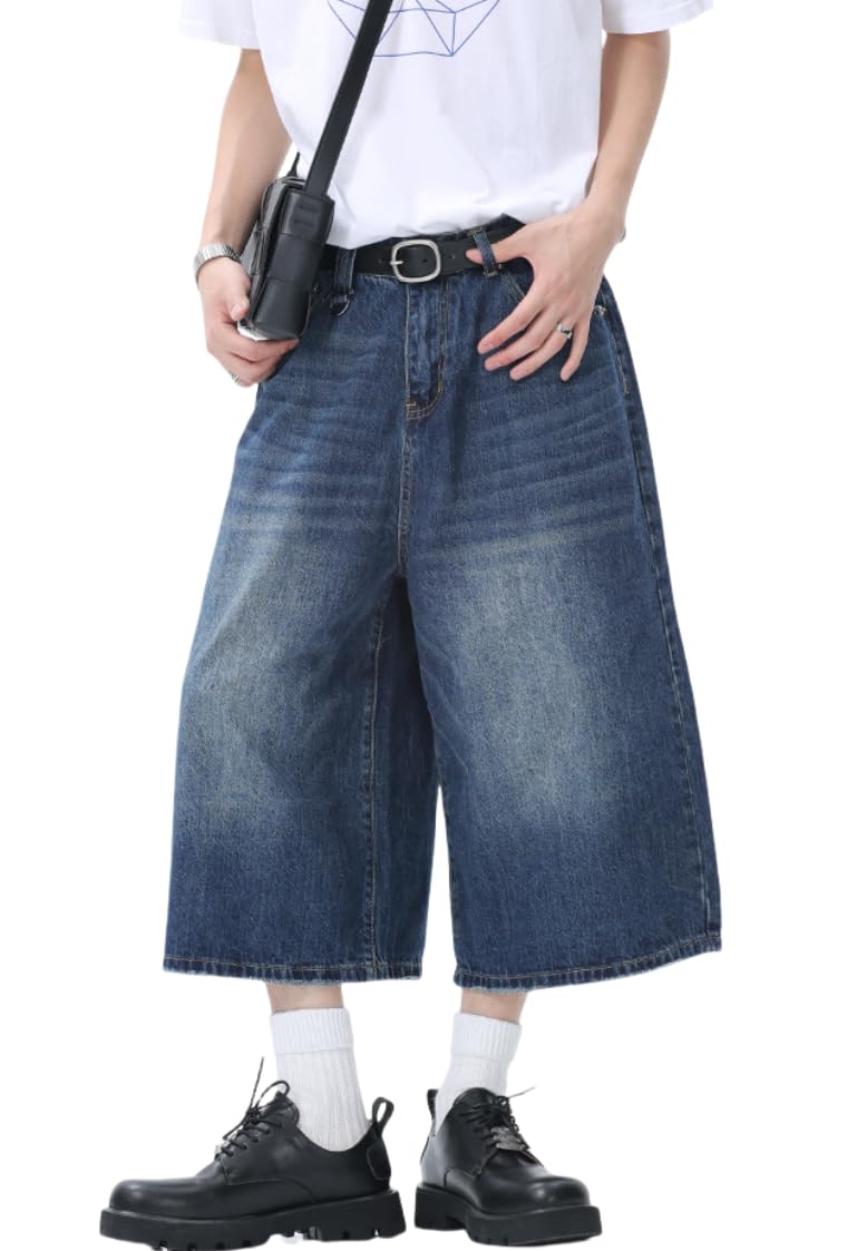 Vintage Y2K Hip Hop Baggy Denim Shorts for Men - Loose Fit Wide Leg Retro Skater Jorts - Perfect for Casual Wear, Street Style & Summer Outfits