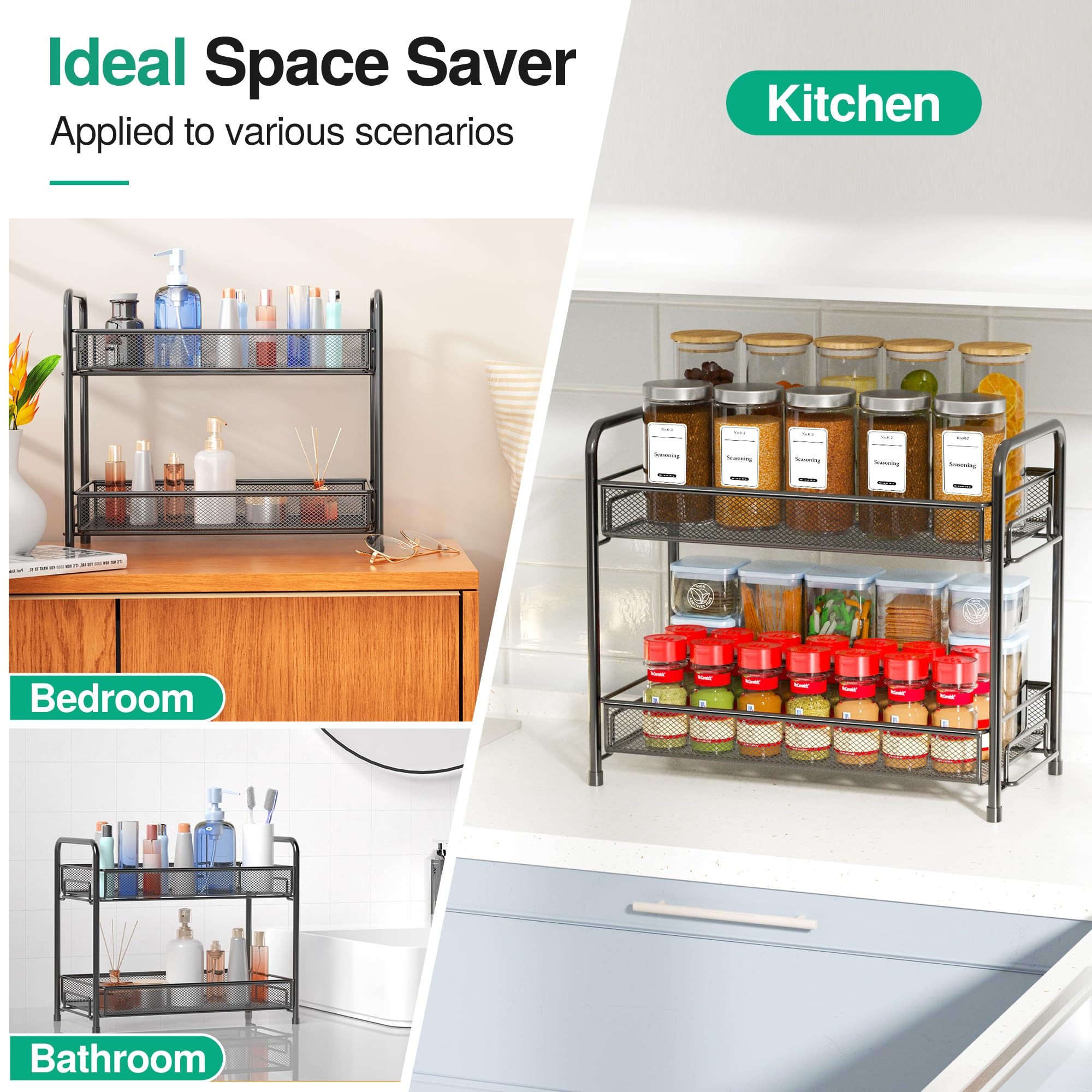 Xpatee 2-Tier Foldable Metal Spice Rack Organizer - Rust-Proof Countertop Spice Shelf with Guardrail & Mesh Design for Kitchen, Pantry, Bathroom - Space Saving Storage Solution for Spices, Seasonings & Small Items (Black)