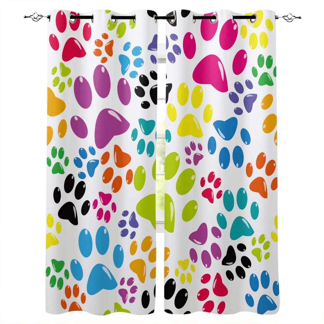 Colorful Dog Paw Print Grommet Curtains - Set of 2 Panels 52x84