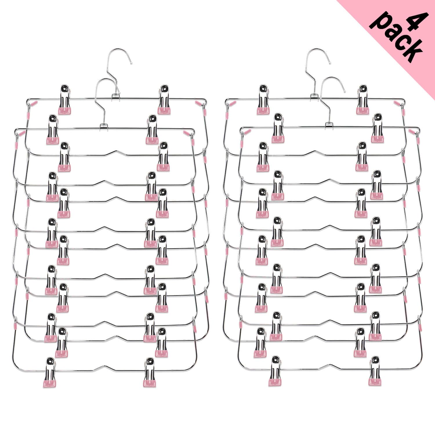 6-Tier Metal Skirt & Pants Hangers with Non-Slip Clips - Space Saving Closet Organizer for Shorts, Skirts & Clothes (Pink, Set of 4) - Perfect for Wardrobe Organization & Small Closet Storage