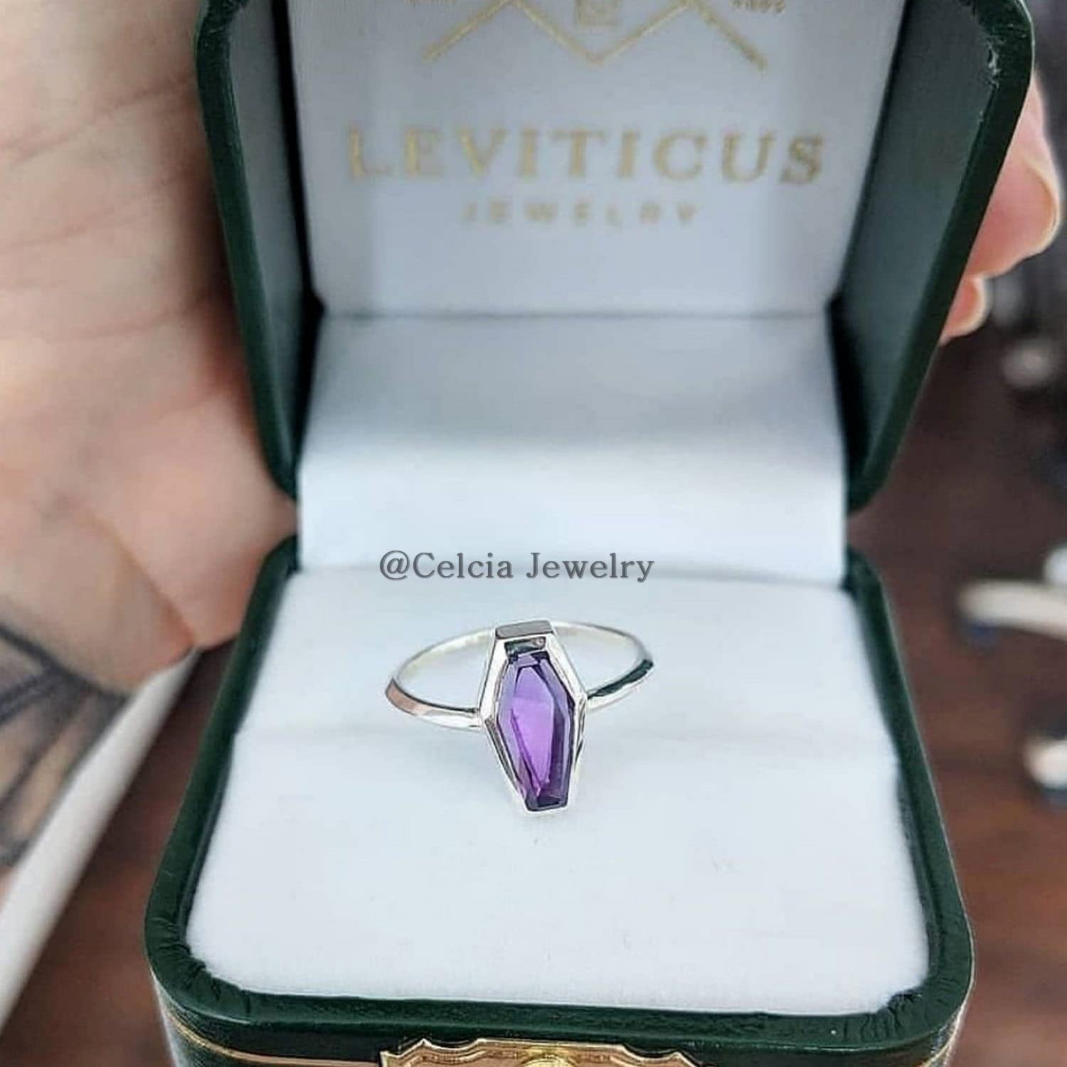Handmade Amethyst Purple Gemstone Coffin Ring for Women - February Birthstone Jewelry, Statement Ethnic Ring, Unique Gift for Wife, Mom, Anniversary & Birthday - Size 7 - Perfect for Boho Fashion, Special Occasions & Everyday Elegance