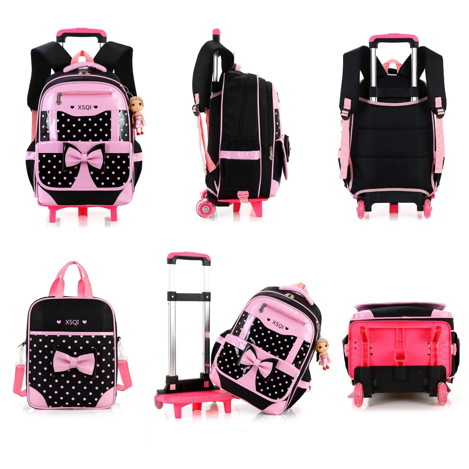 MITOWERMI Rolling Backpack for Girls - Cute Bowknot Wheeled School Bag with Handbag, Trolley Carry-on Travel Luggage for Toddler & Elementary Students | Perfect for School, Travel, and Princess-Themed Outings