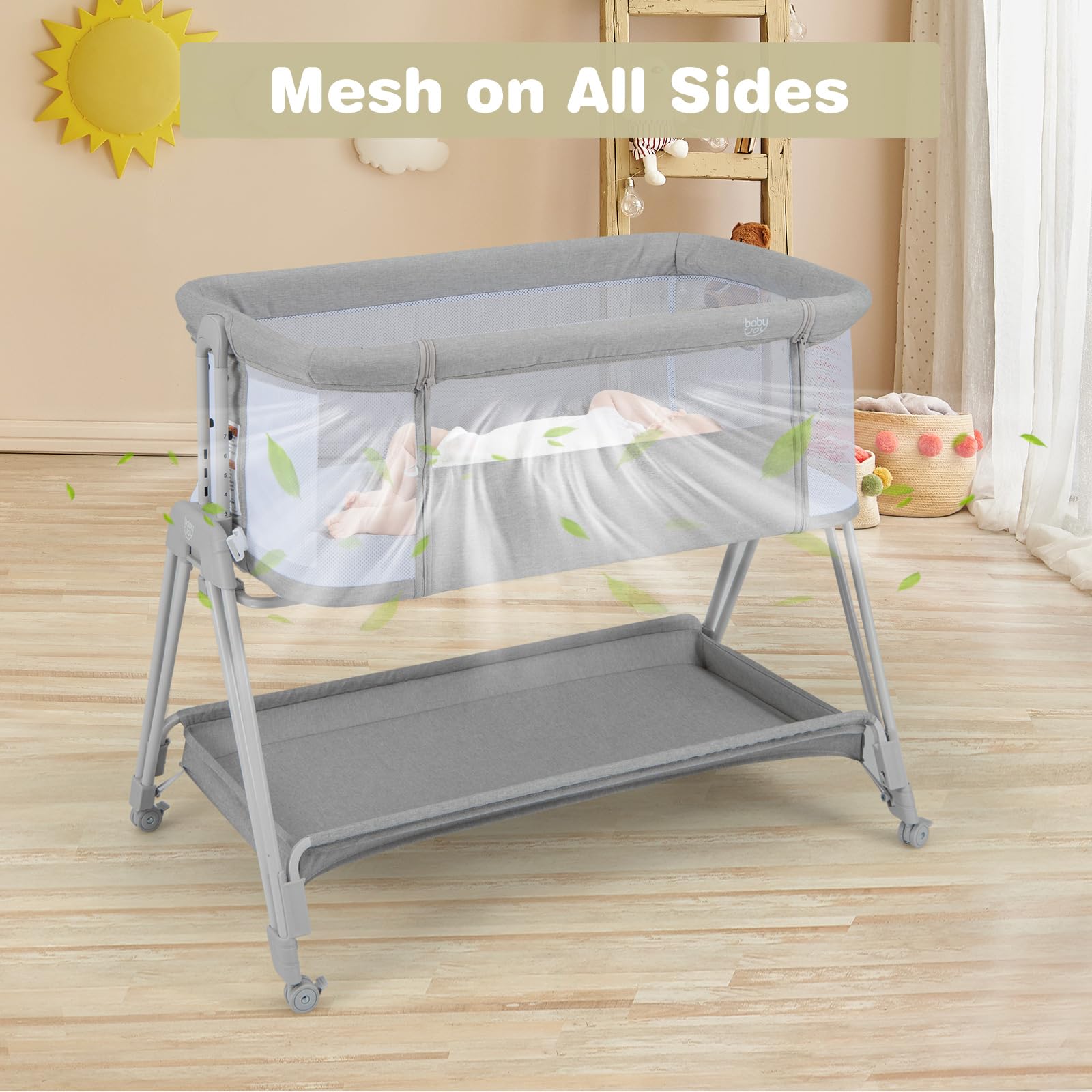 Baby Joy Portable Bassinet Bedside Sleeper - Foldable Baby Crib with Breathable Mesh Sides, Storage Shelf & Travel Bag - 7 Adjustable Heights for Safe Co-Sleeping - Includes Mattress - Ideal for Newborns & Infants (Gray) - Perfect for Nursery, Bedroom & Travel Use
