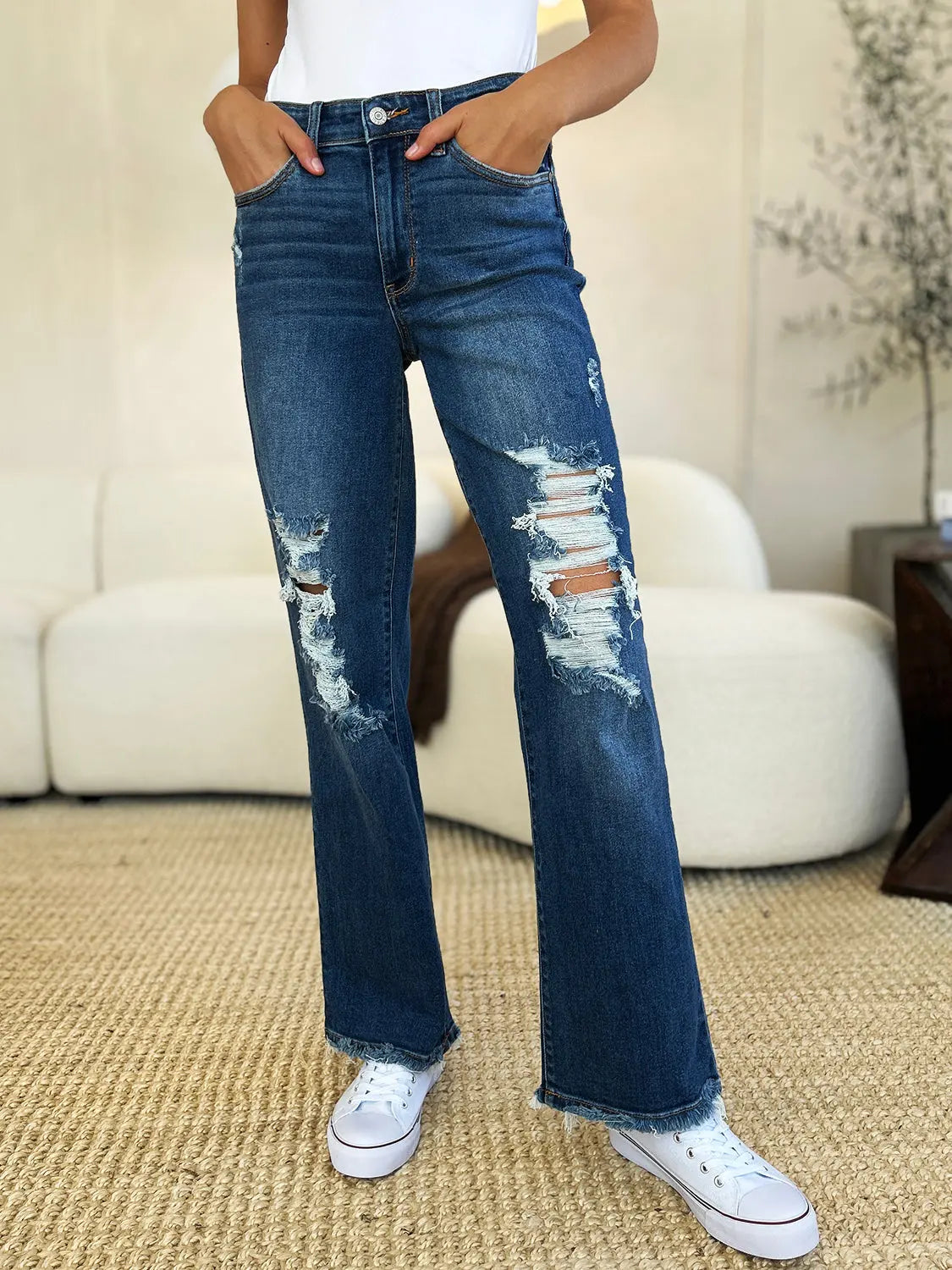 Judy Blue Women's Mid Rise Distressed Raw Hem Jeans - Comfortable Stretch Denim for Casual Wear & Everyday Outfits
