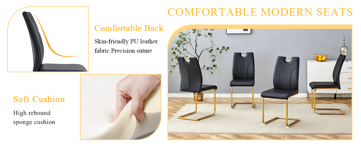 Modern Black PU Dining Chairs Set of 4 - Waterproof Faux Leather Upholstery with Gold Metal Legs - Stylish for Kitchen, Restaurant, Office & Conference Room - Elegant Seating Solution for Home & Commercial Use