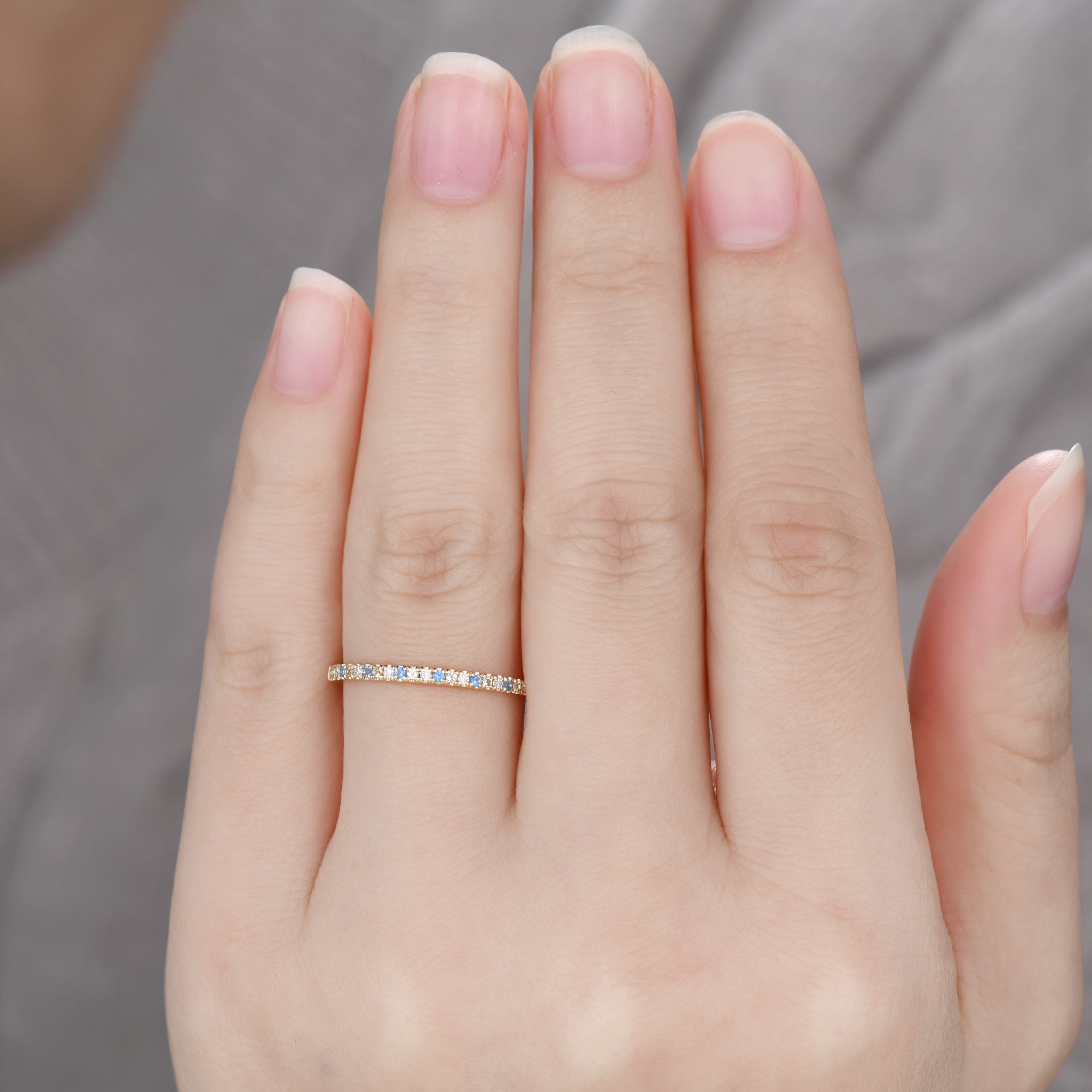 Dainty 14K Yellow Gold Half Eternity Wedding Band with Topaz & Peridot Moissanite - Thin Stackable Ring for Women, Bridal Jewelry, Anniversary Gift, Stacking Rings for Everyday Wear