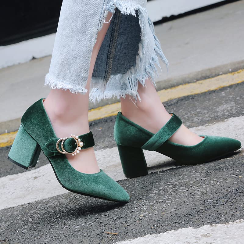 Women's Velvet Mary Jane Pumps - Pointed Toe Dress Shoes with Buckle Strap & Chunky Heel (Black/Green) | Perfect for Weddings, Parties & Formal Occasions