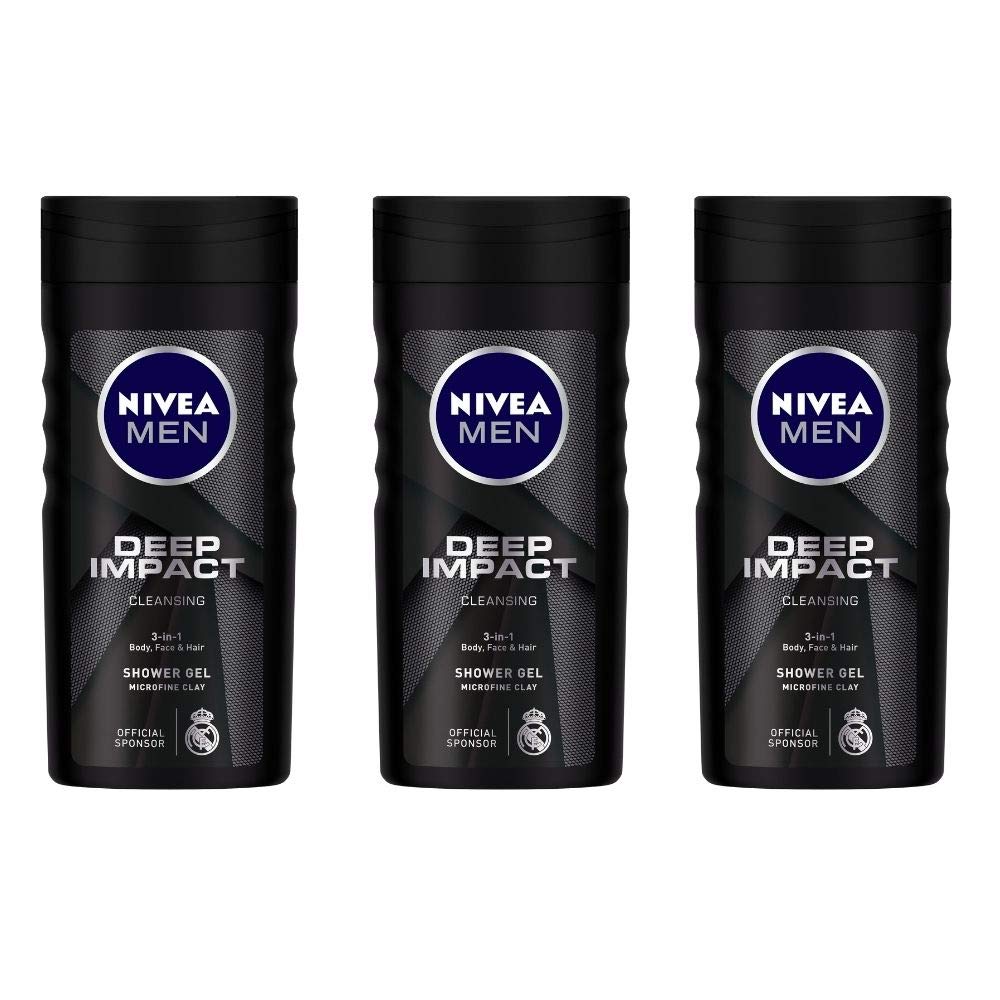 NIVEA Men Body Wash & Shower Gel - Deep Impact for Body, Face & Hair - 16.9 fl oz (Pack of 3) - Refreshing Daily Cleanser for Gym, Workout & Post-Shave Care