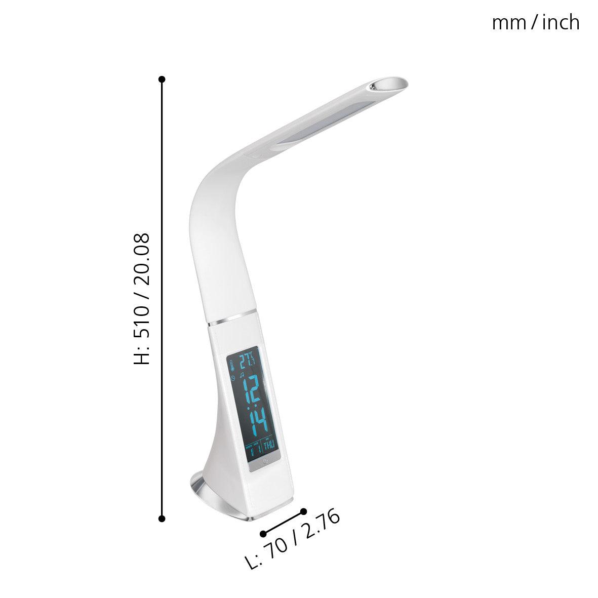 Eglo Cognoli White LED Desk Lamp with Time & Date Display - Modern Adjustable Task Light for Home Office, Study & Reading