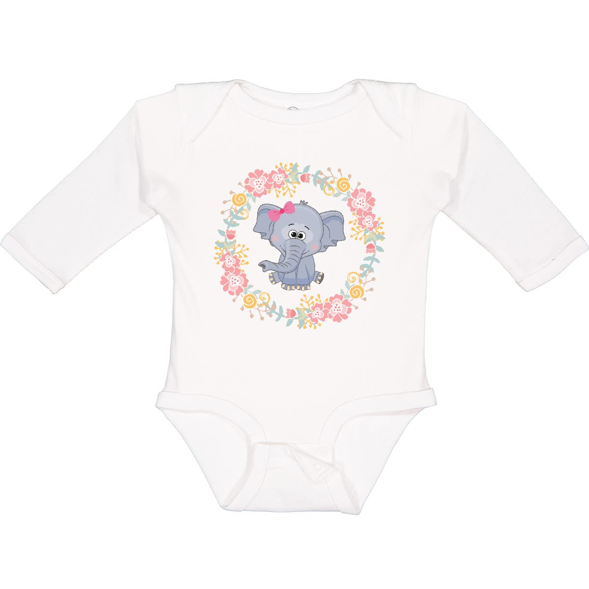 Inktastic Girl Elephant Rose Wreath Long Sleeve Baby Bodysuit - Cute Animal Print Onesie for Newborns & Infants - Perfect for Playtime, Photo Shoots & Special Occasions