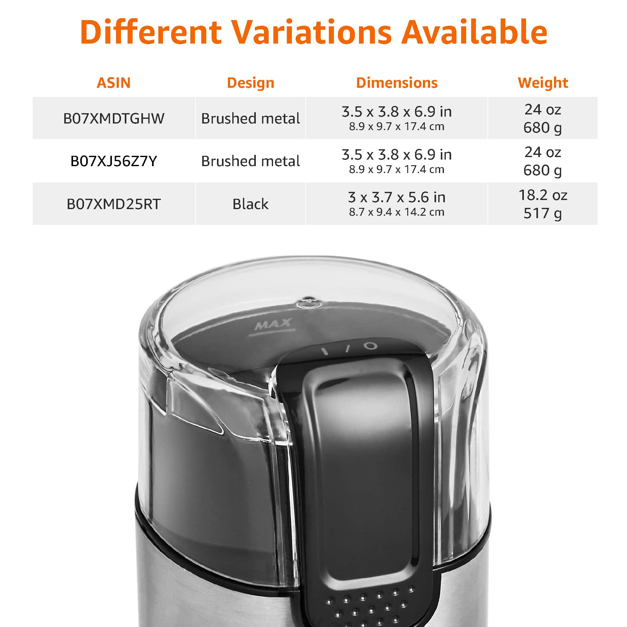 Amazon Basics Electric Coffee Grinder - Stainless Steel Blades, Compact & Powerful for Espresso, French Press, Drip Coffee - Perfect for Home, Office & Travel Use